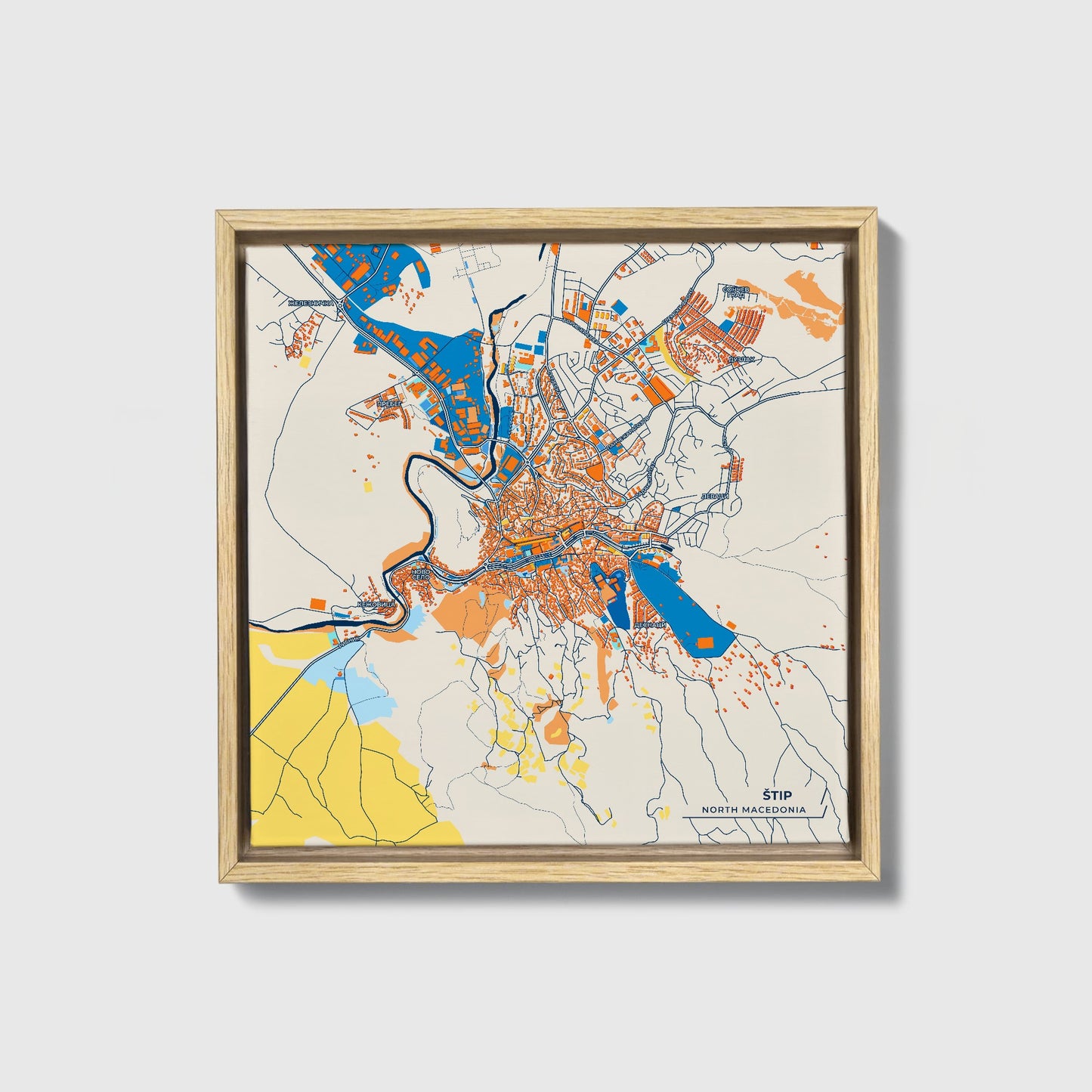 Štip North Macedonia Colorful City Map Canvas Print • Natural Wooden Framed