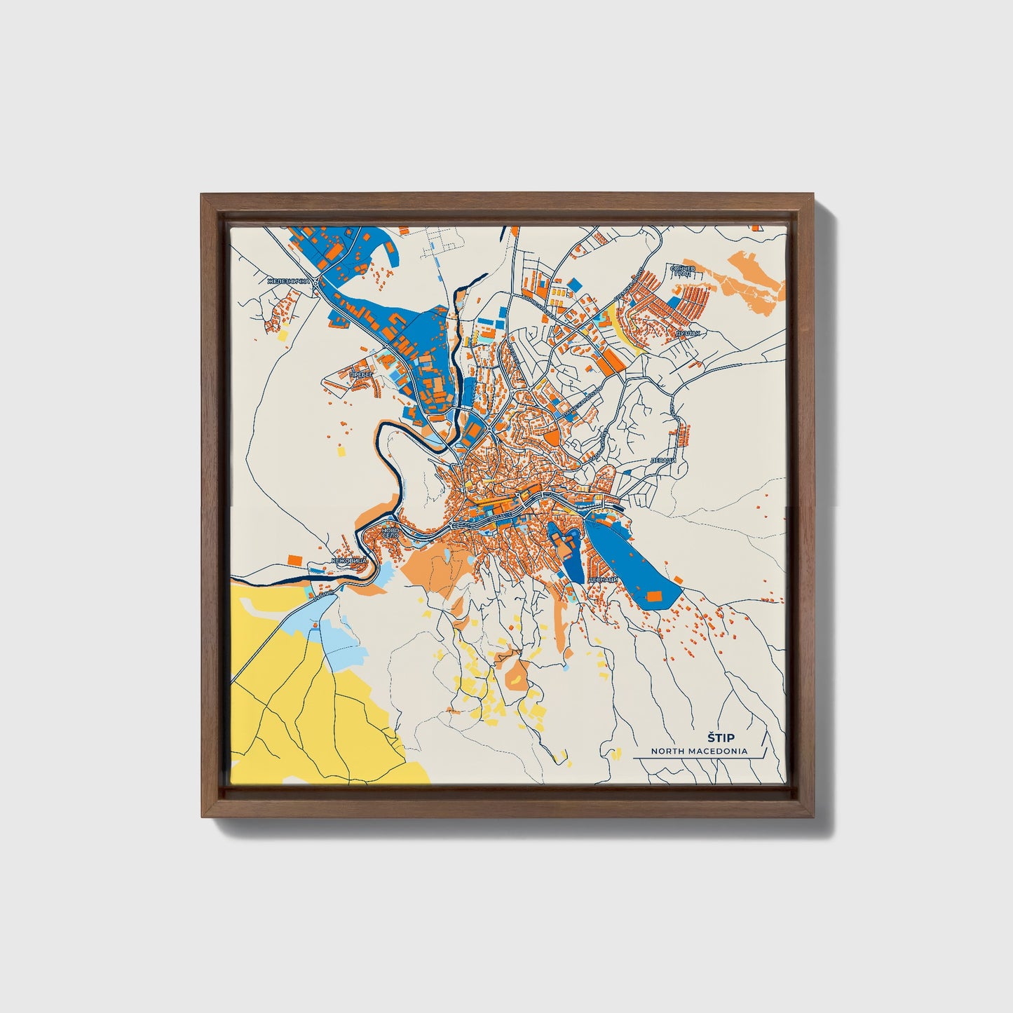 Štip North Macedonia Colorful City Map Canvas Print • Dark Wooden Framed