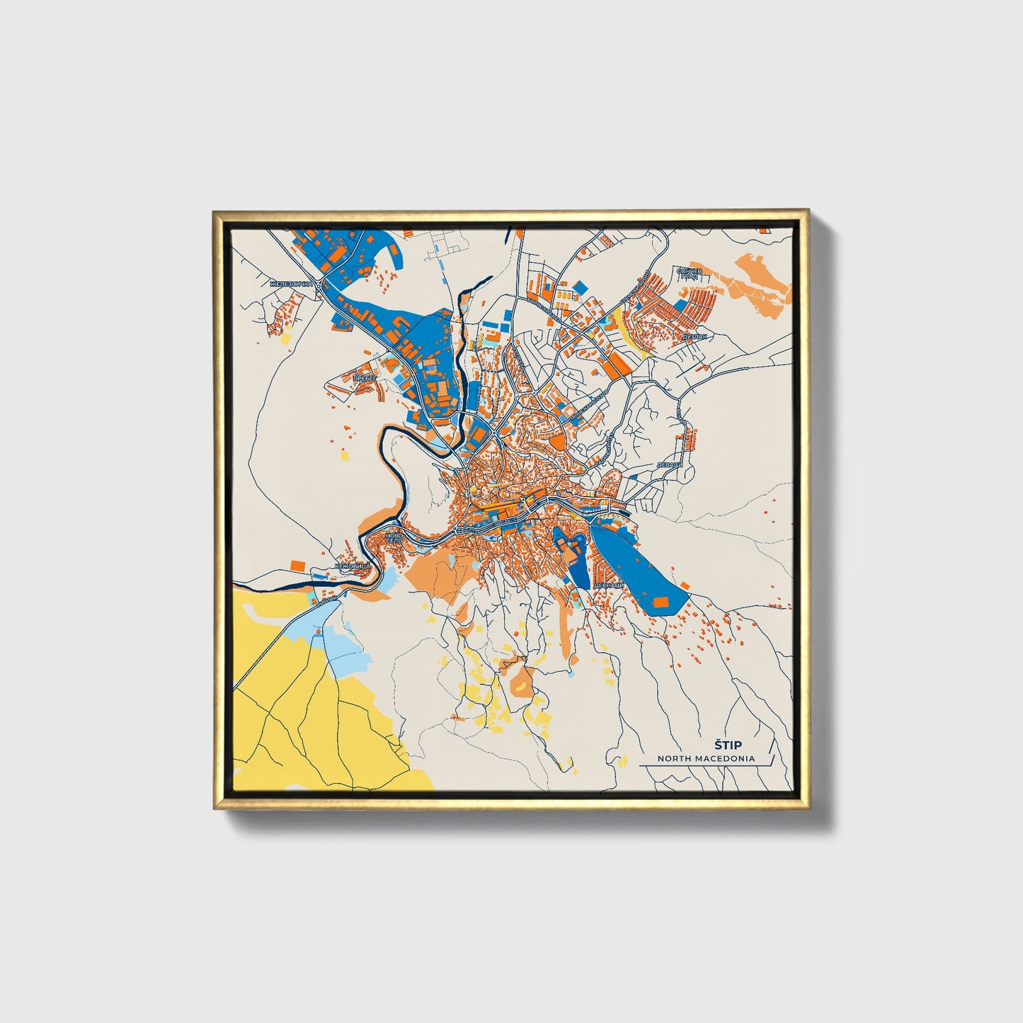 Štip North Macedonia Colorful City Map Canvas Print • Gold Framed