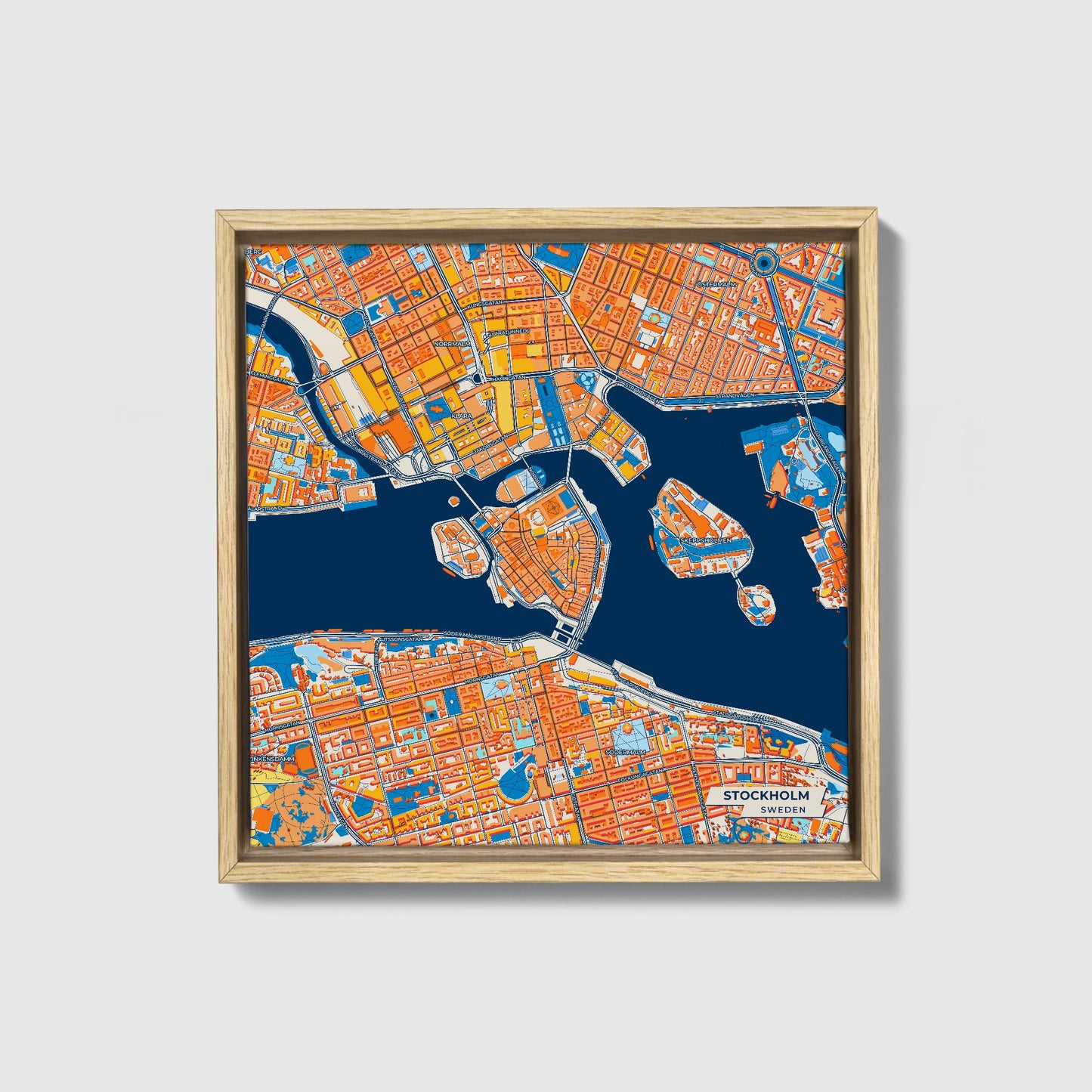 Stockholm Sweden Colorful City Map Canvas Print • Natural Wooden Framed