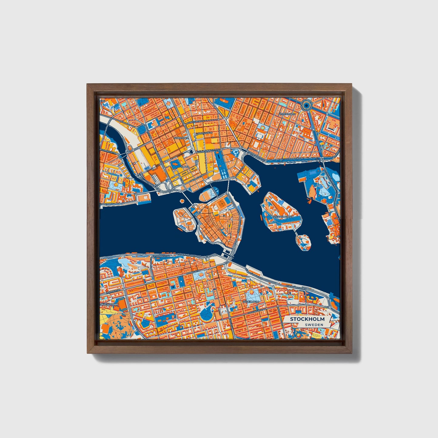 Stockholm Sweden Colorful City Map Canvas Print • Dark Wooden Framed