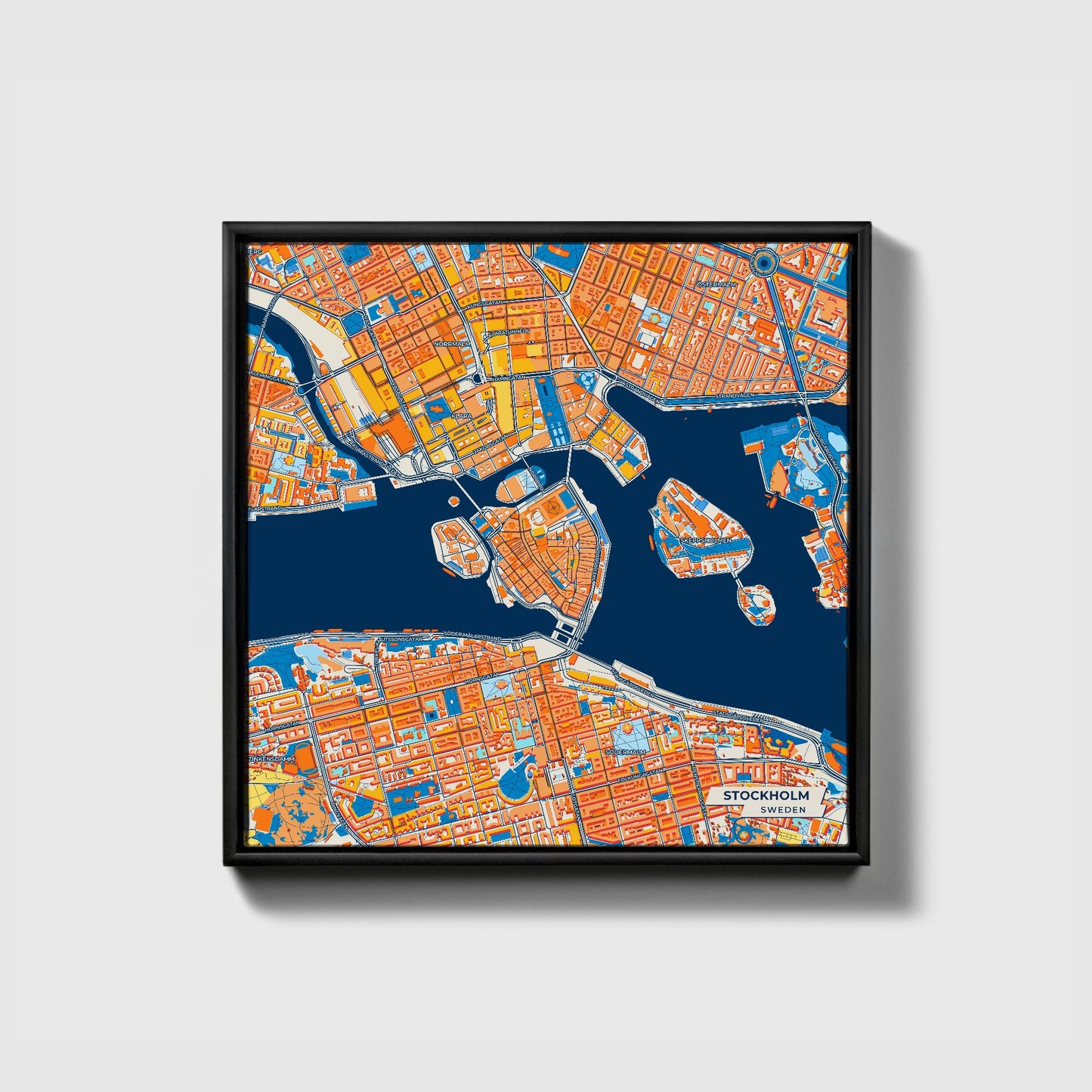 Stockholm Sweden Colorful City Map Canvas Print • Black Framed