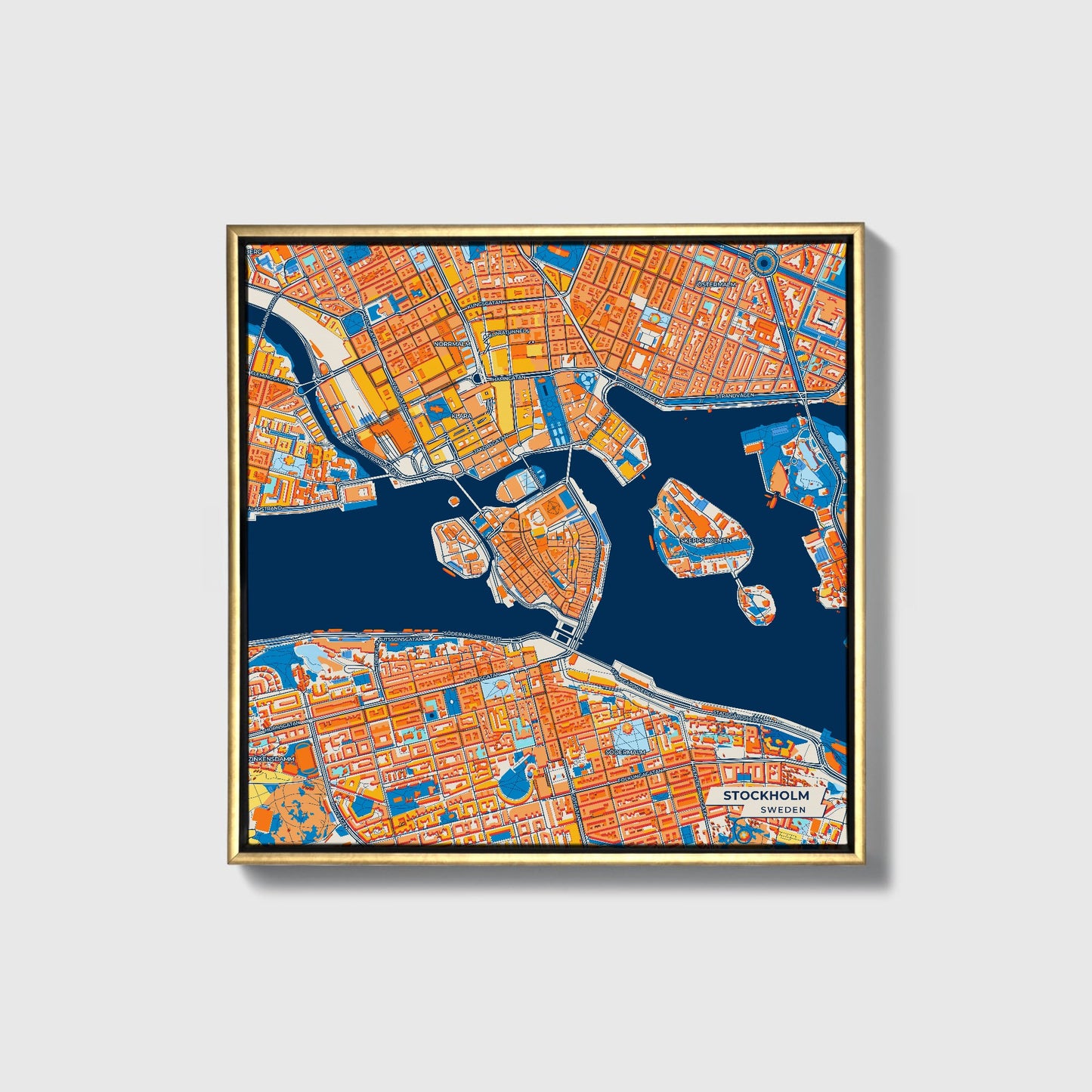 Stockholm Sweden Colorful City Map Canvas Print • Gold Framed