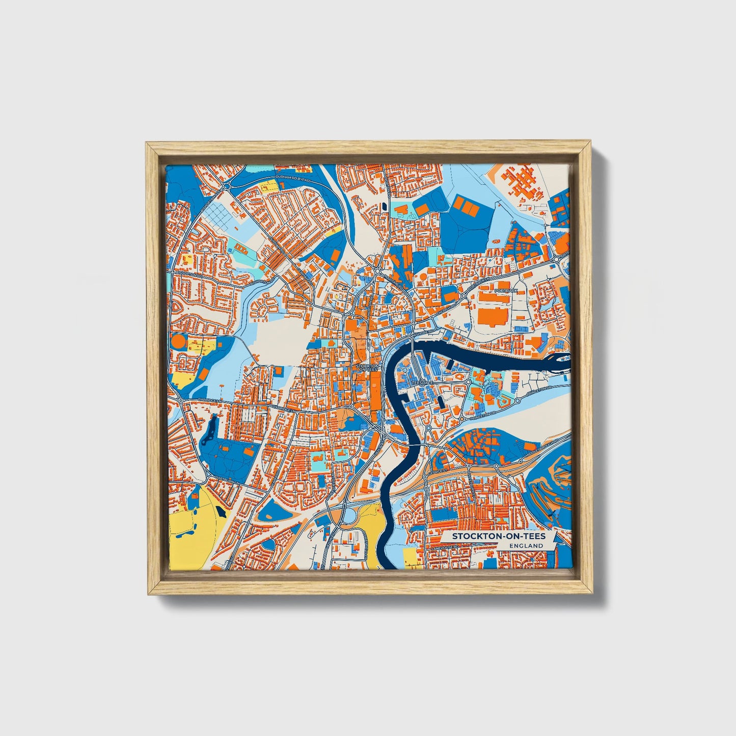 Stockton-On-Tees England Colorful City Map Canvas Print • Natural Wooden Framed