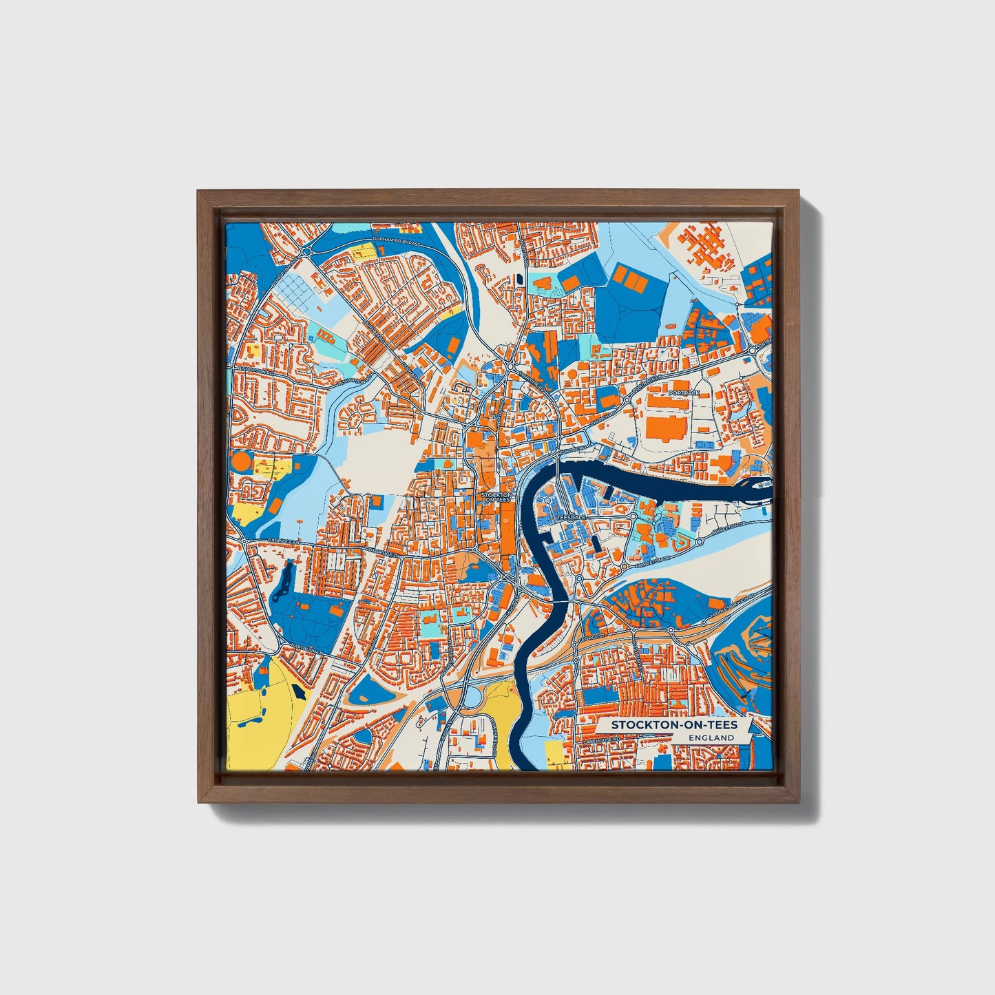Stockton-On-Tees England Colorful City Map Canvas Print • Dark Wooden Framed