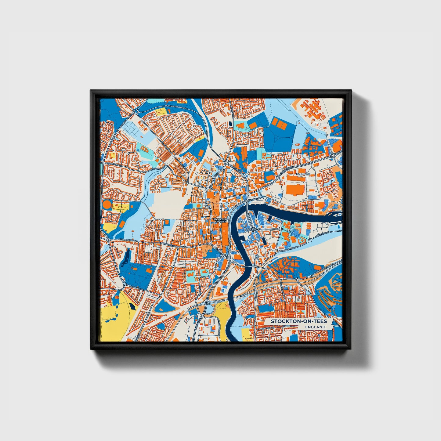 Stockton-On-Tees England Colorful City Map Canvas Print • Black Framed