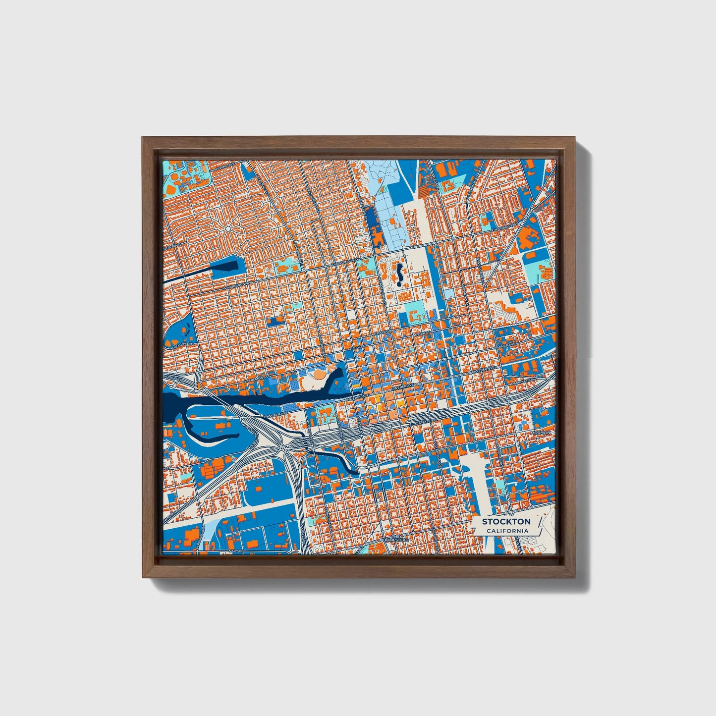 Stockton California Colorful City Map Canvas Print • Dark Wooden Framed
