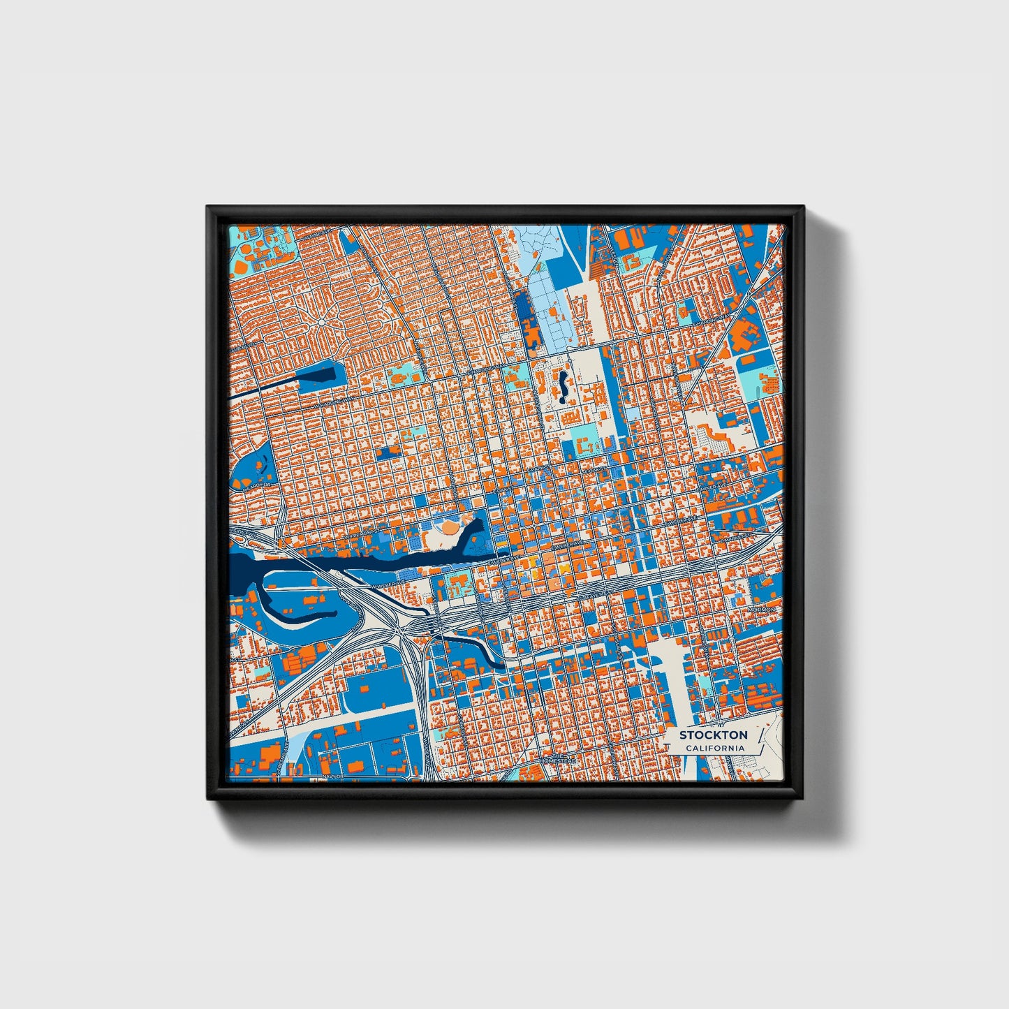 Stockton California Colorful City Map Canvas Print • Black Framed