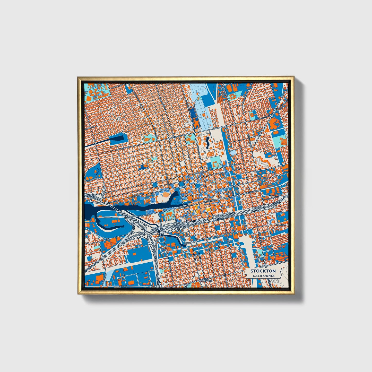 Stockton California Colorful City Map Canvas Print • Gold Framed
