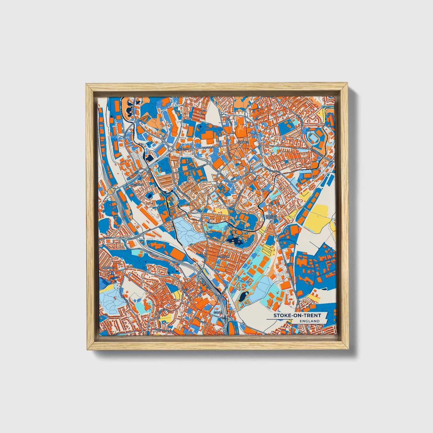 Stoke-On-Trent England Colorful City Map Canvas Print • Natural Wooden Framed