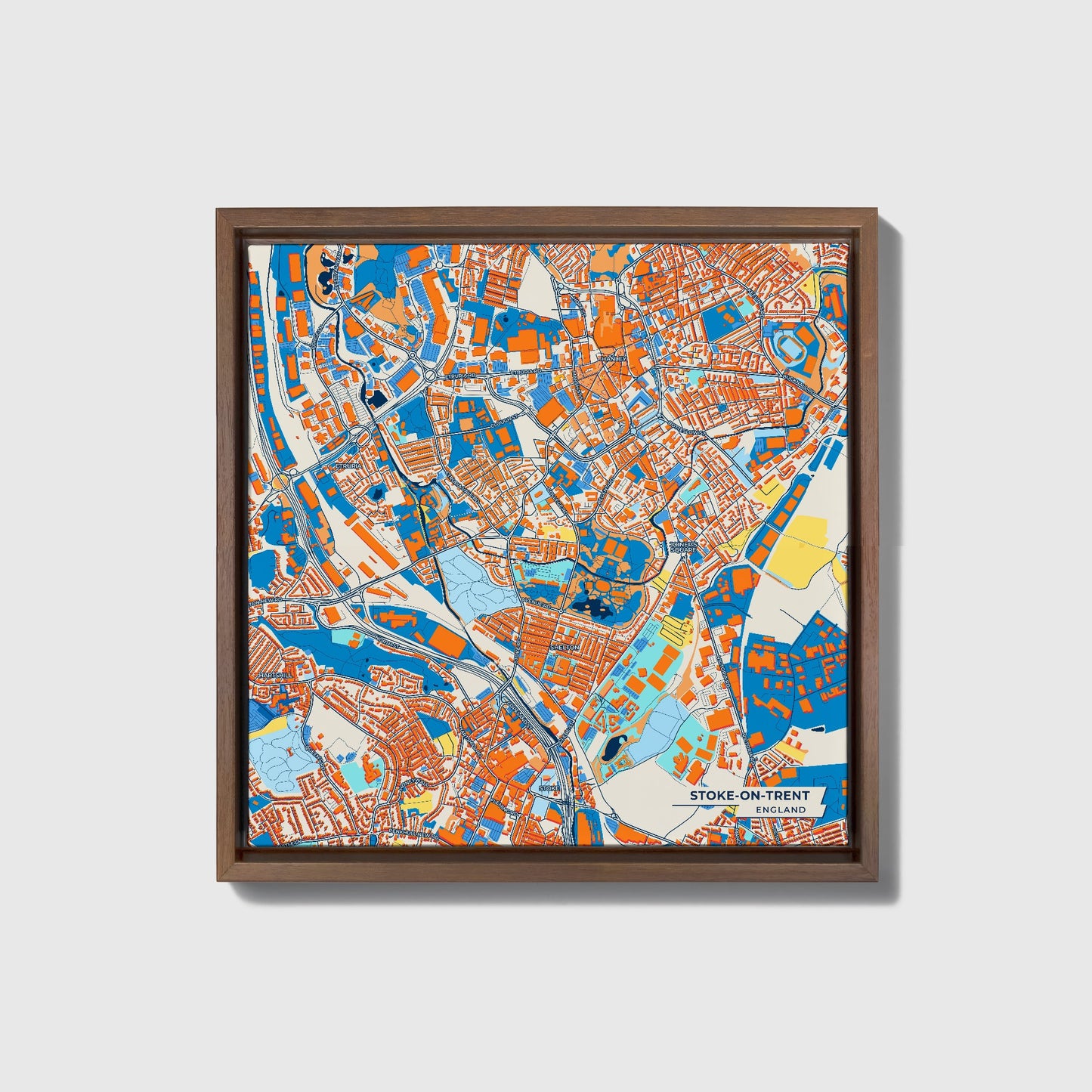 Stoke-On-Trent England Colorful City Map Canvas Print • Dark Wooden Framed