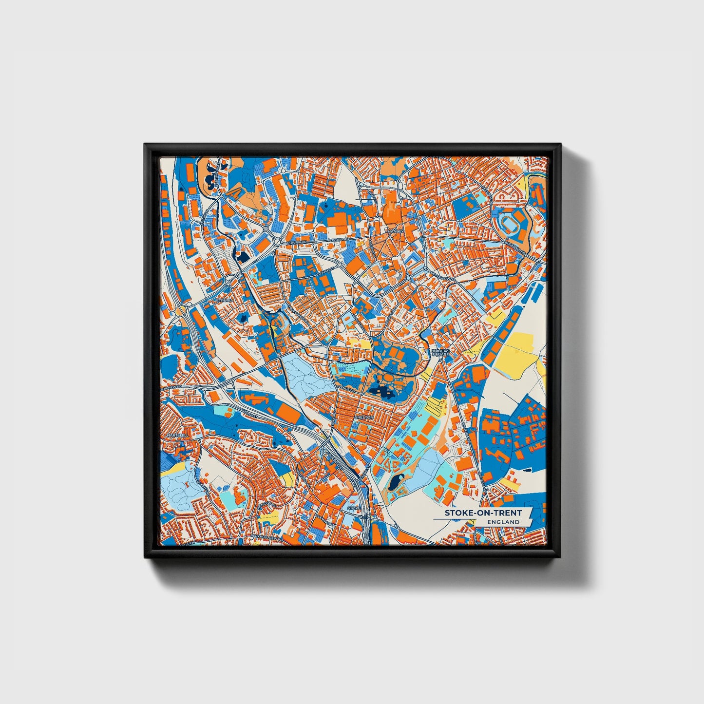Stoke-On-Trent England Colorful City Map Canvas Print • Black Framed