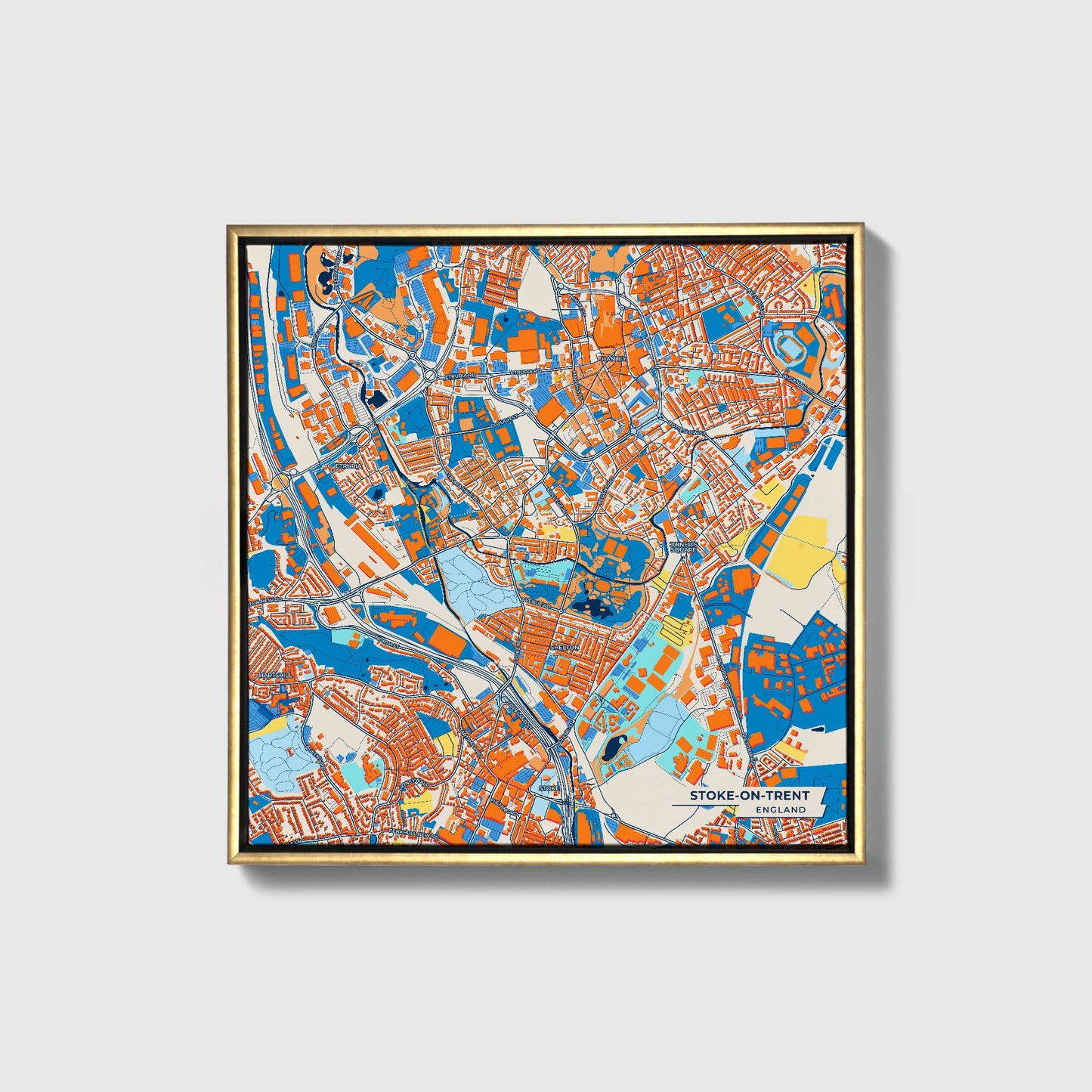 Stoke-On-Trent England Colorful City Map Canvas Print • Gold Framed