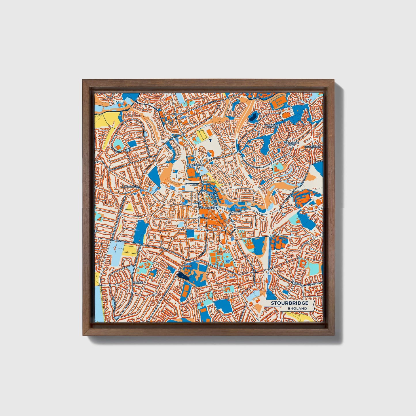 Stourbridge England Colorful City Map Canvas Print • Dark Wooden Framed