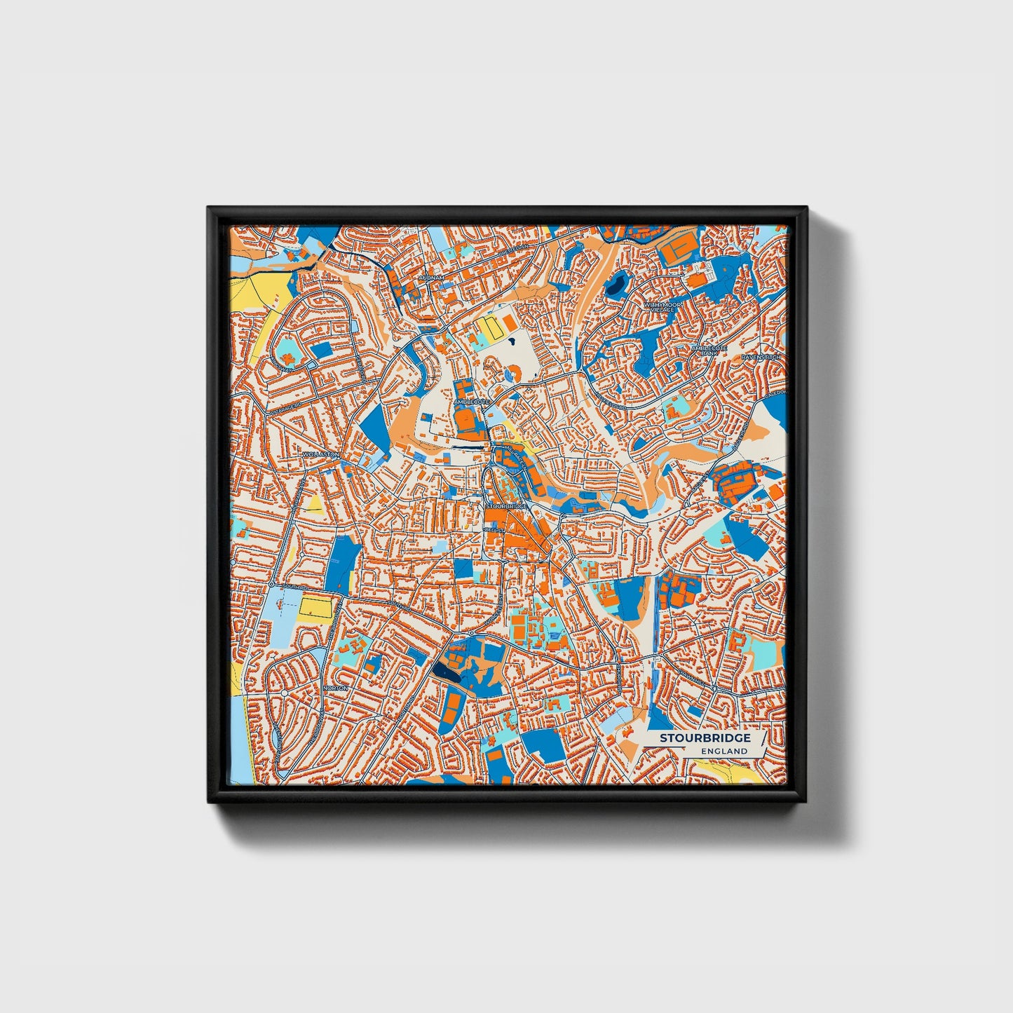 Stourbridge England Colorful City Map Canvas Print • Black Framed