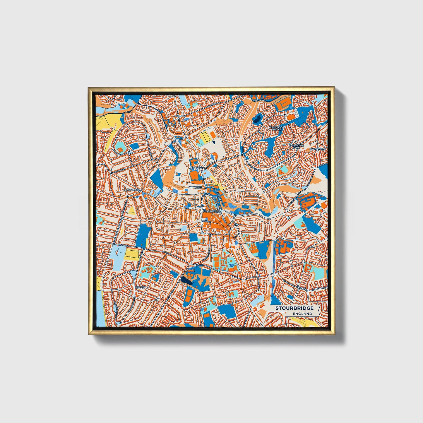 Stourbridge England Colorful City Map Canvas Print • Gold Framed
