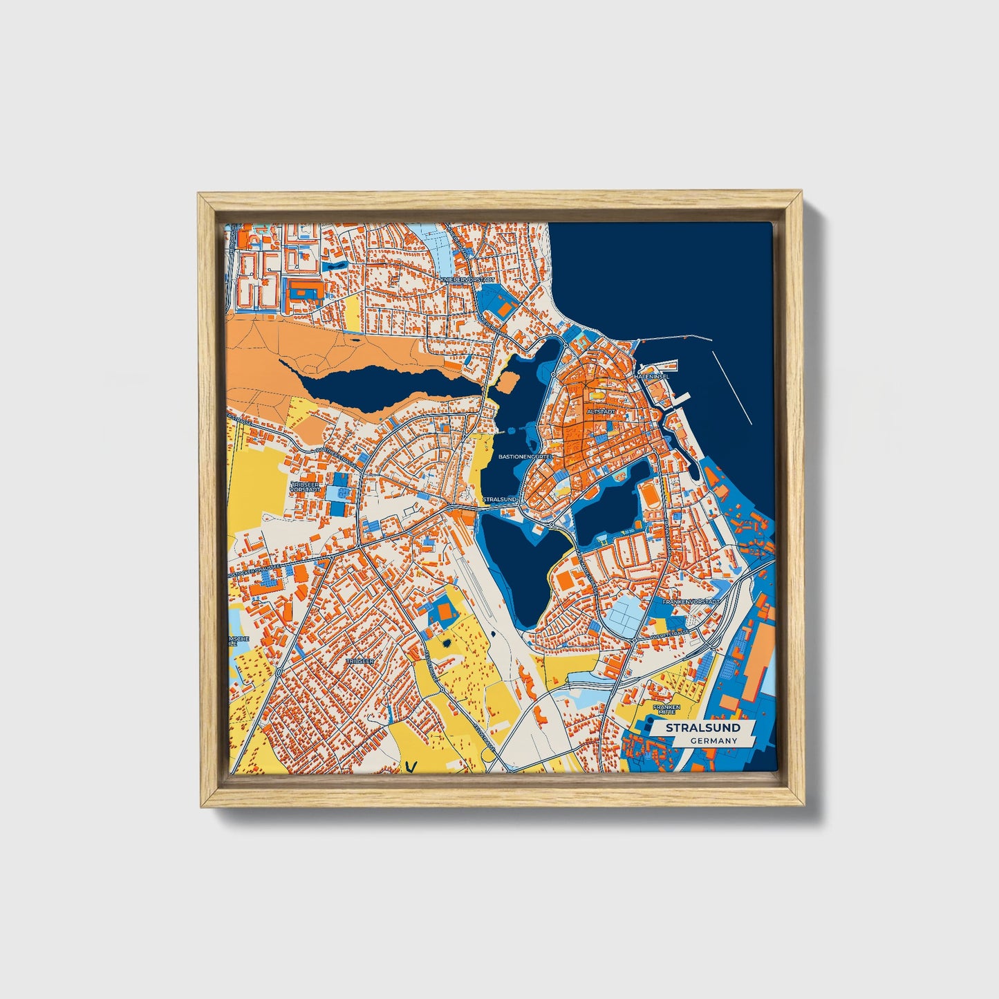Stralsund Germany Colorful City Map Canvas Print • Natural Wooden Framed