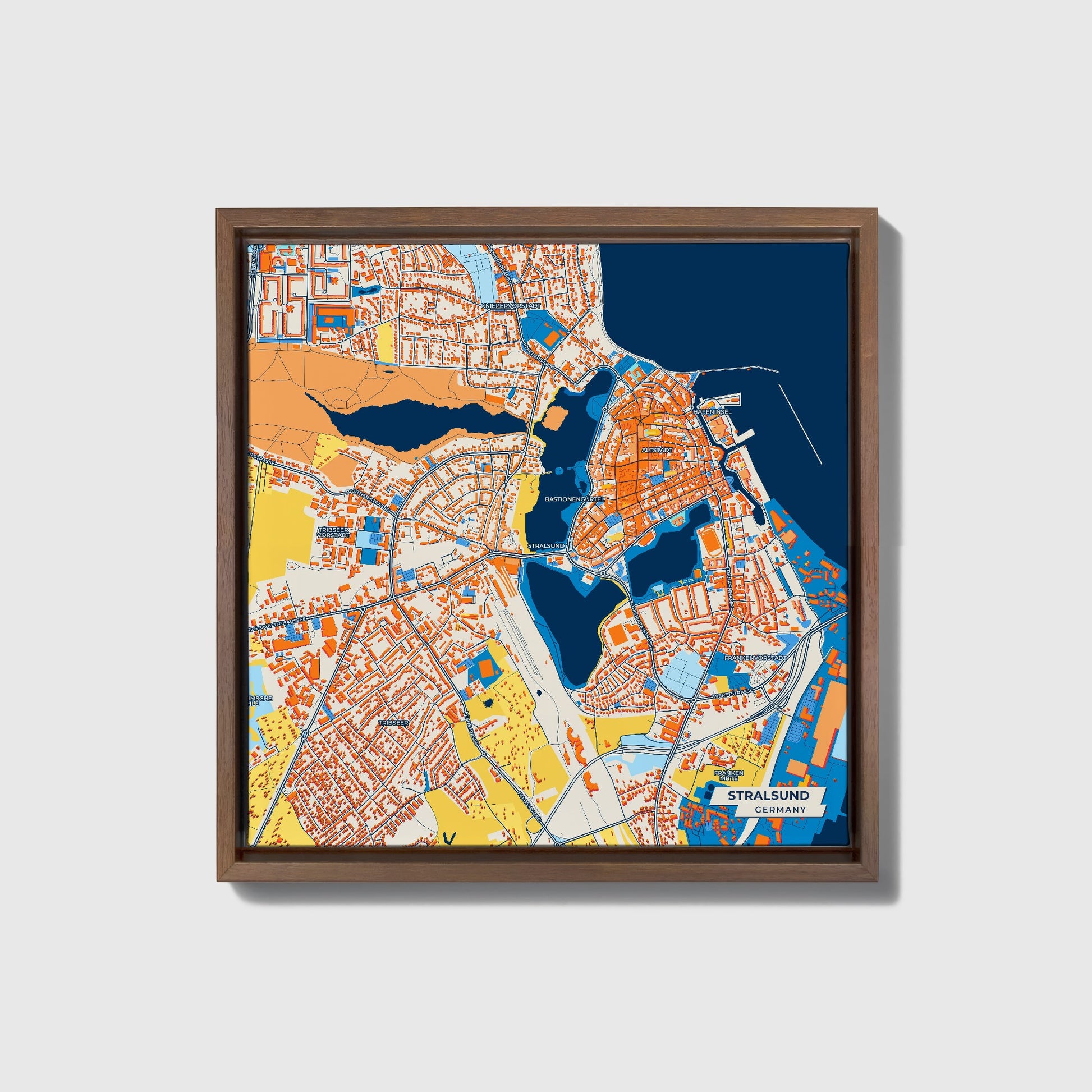 Stralsund Germany Colorful City Map Canvas Print • Dark Wooden Framed
