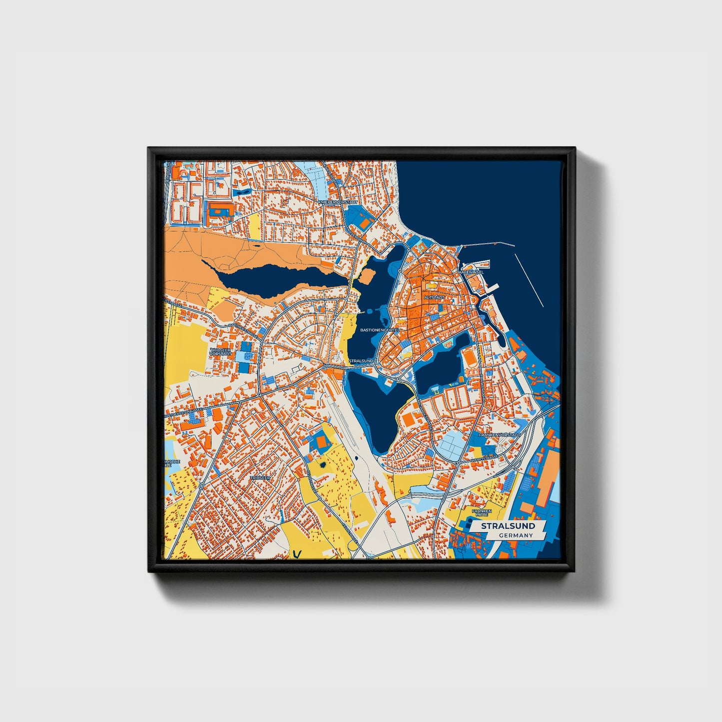 Stralsund Germany Colorful City Map Canvas Print • Black Framed