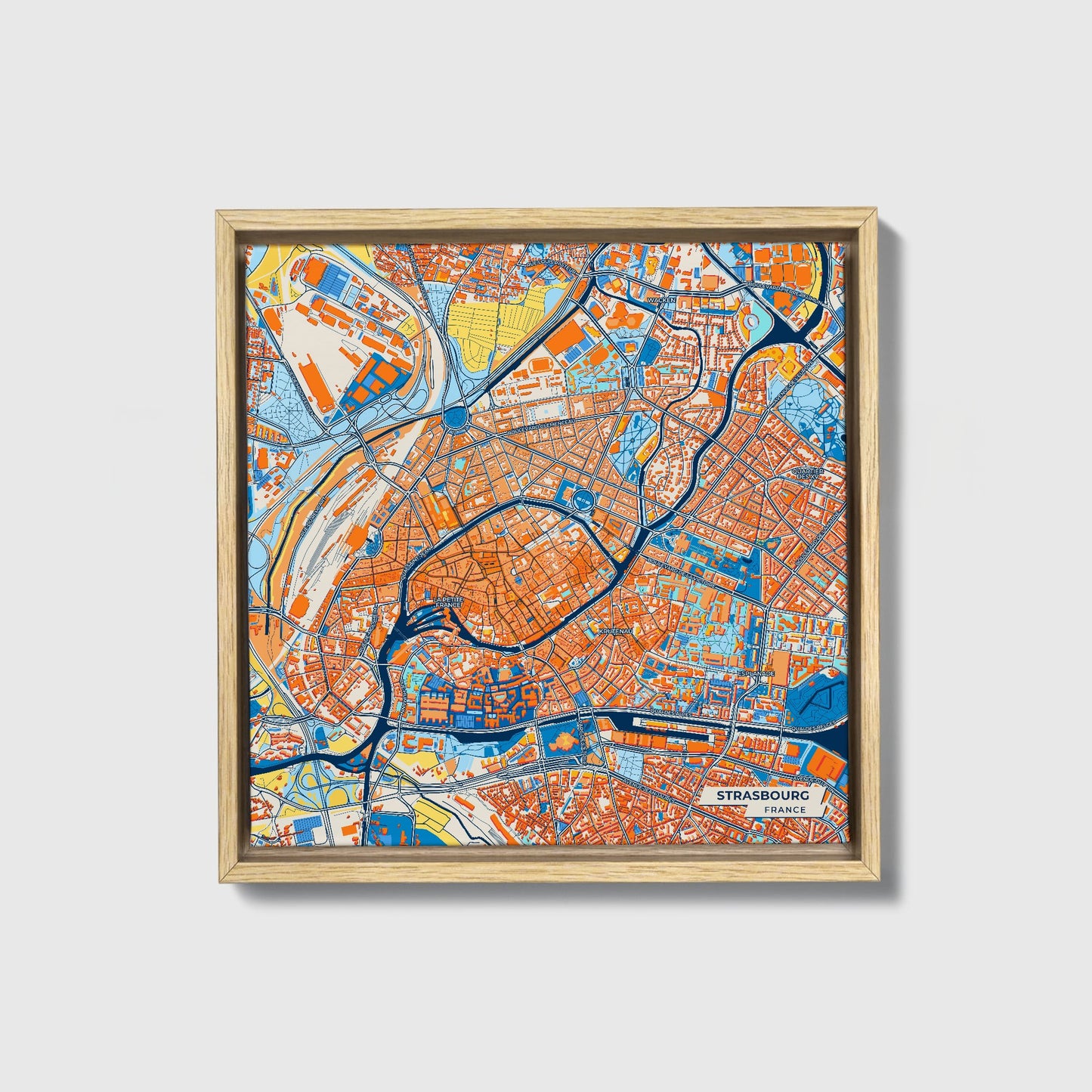 Strasbourg France Colorful City Map Canvas Print • Natural Wooden Framed