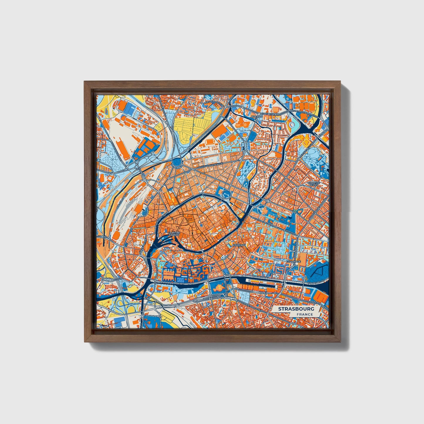 Strasbourg France Colorful City Map Canvas Print • Dark Wooden Framed