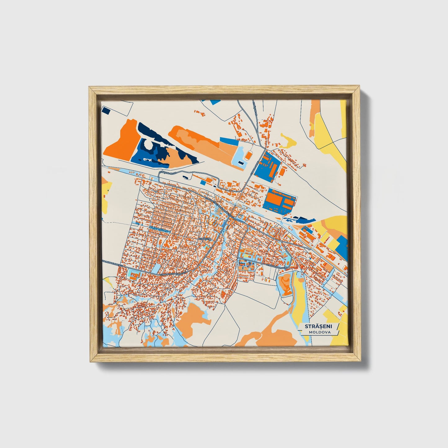 Strășeni Moldova Colorful City Map Canvas Print • Natural Wooden Framed