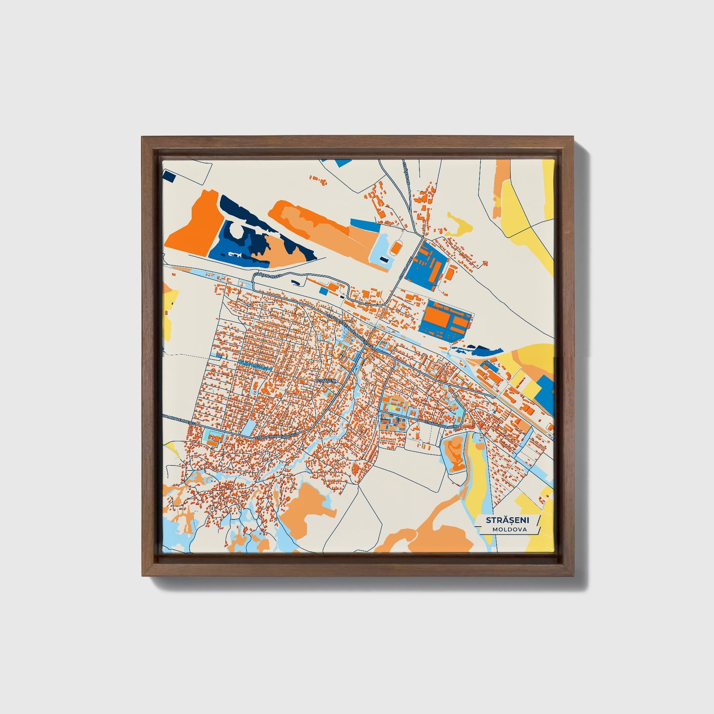 Strășeni Moldova Colorful City Map Canvas Print • Dark Wooden Framed