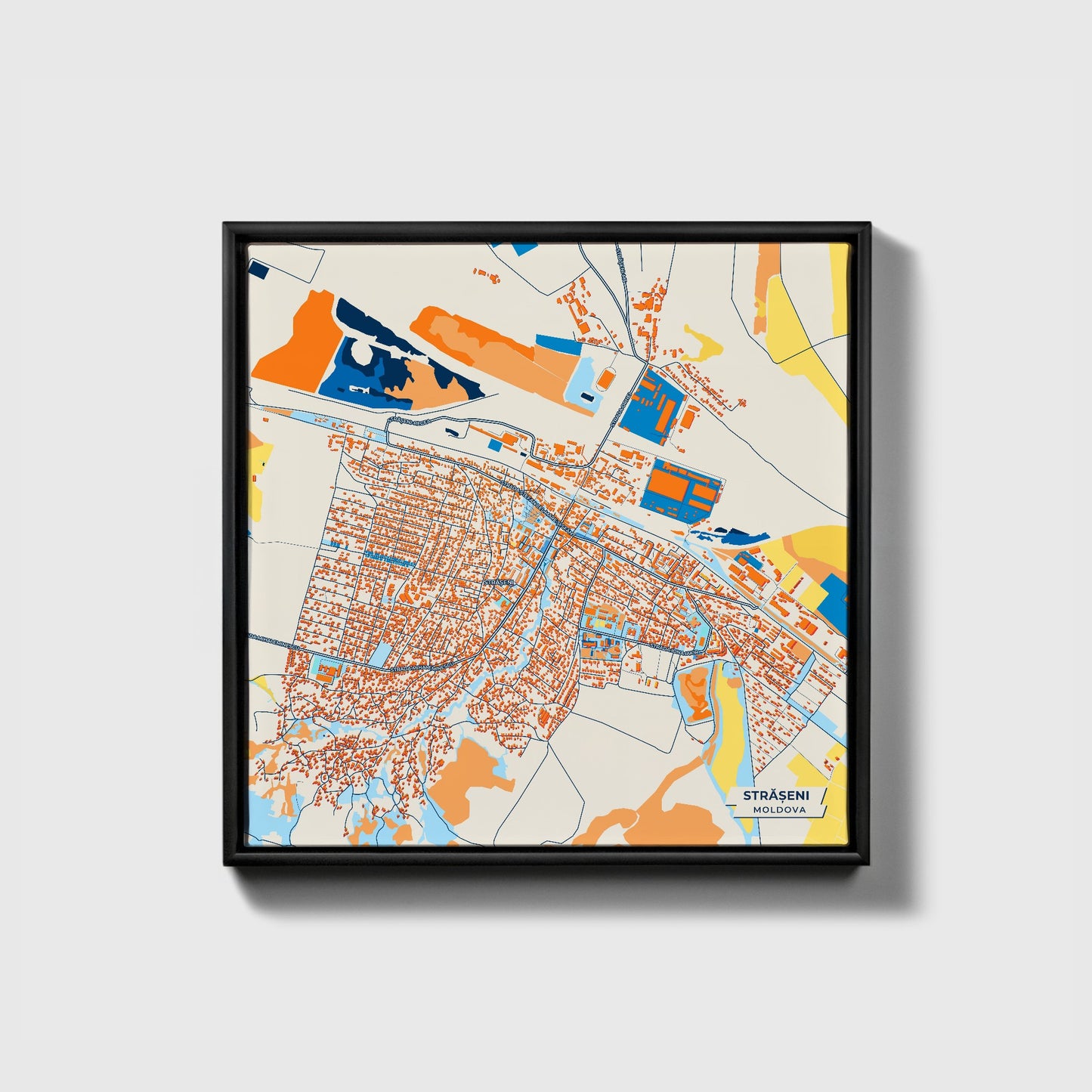 Strășeni Moldova Colorful City Map Canvas Print • Black Framed