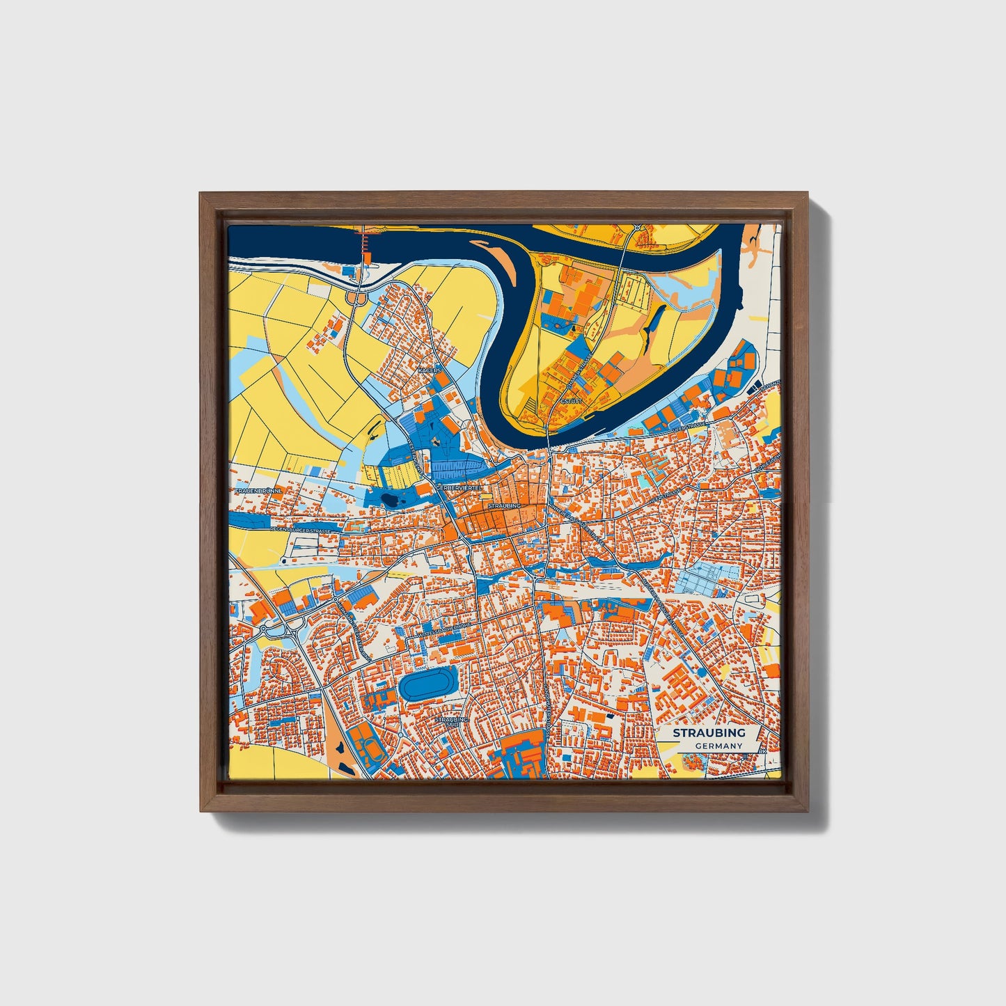 Straubing Germany Colorful City Map Canvas Print • Dark Wooden Framed