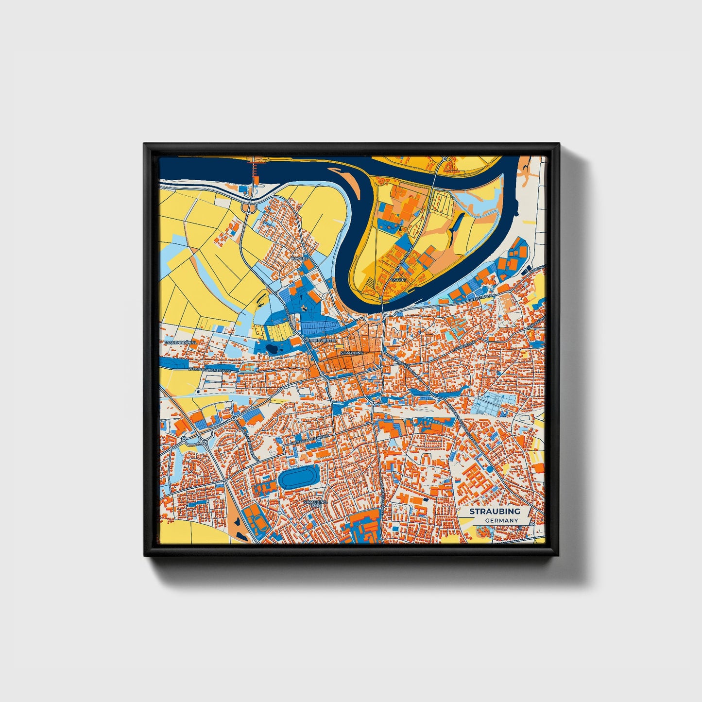 Straubing Germany Colorful City Map Canvas Print • Black Framed