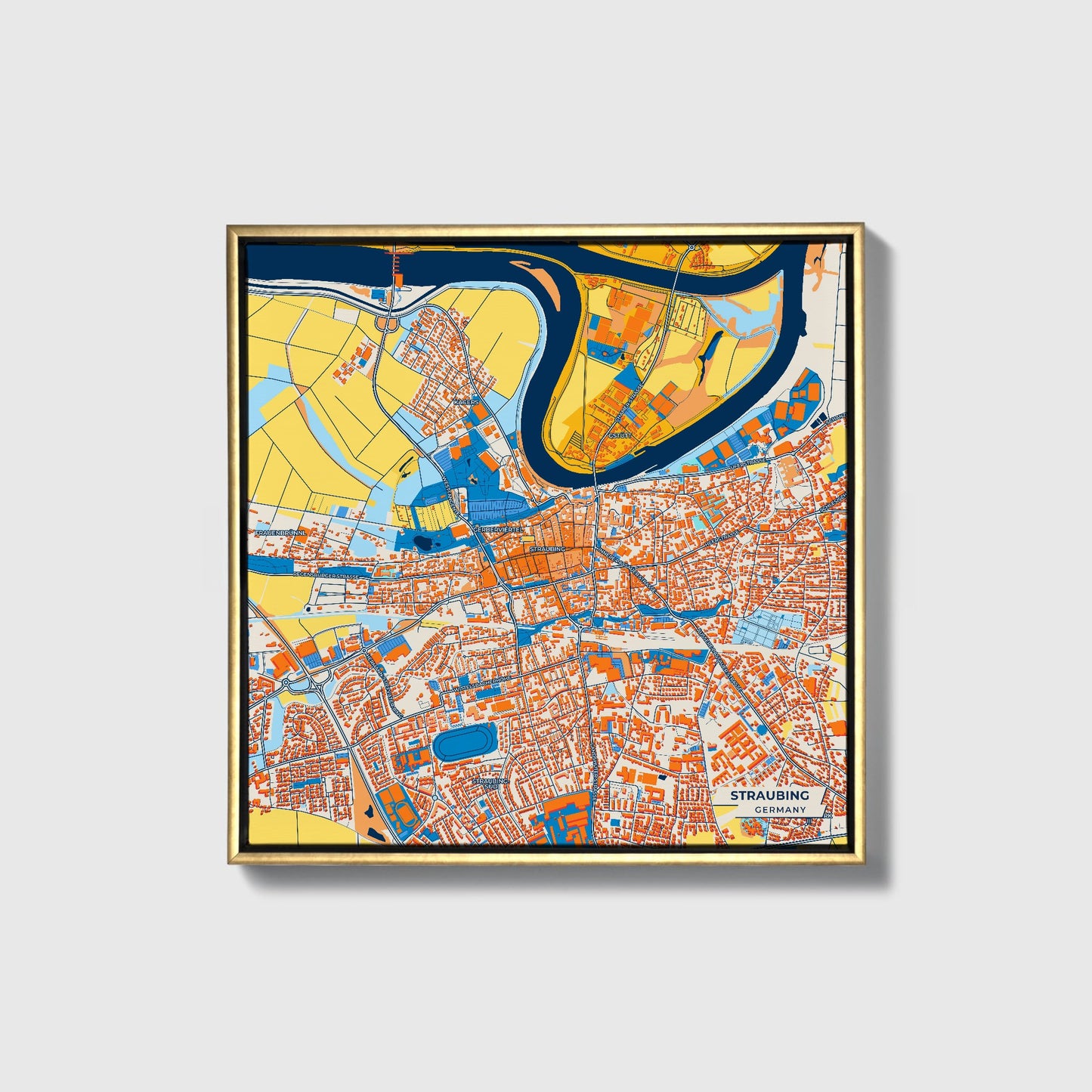 Straubing Germany Colorful City Map Canvas Print • Gold Framed