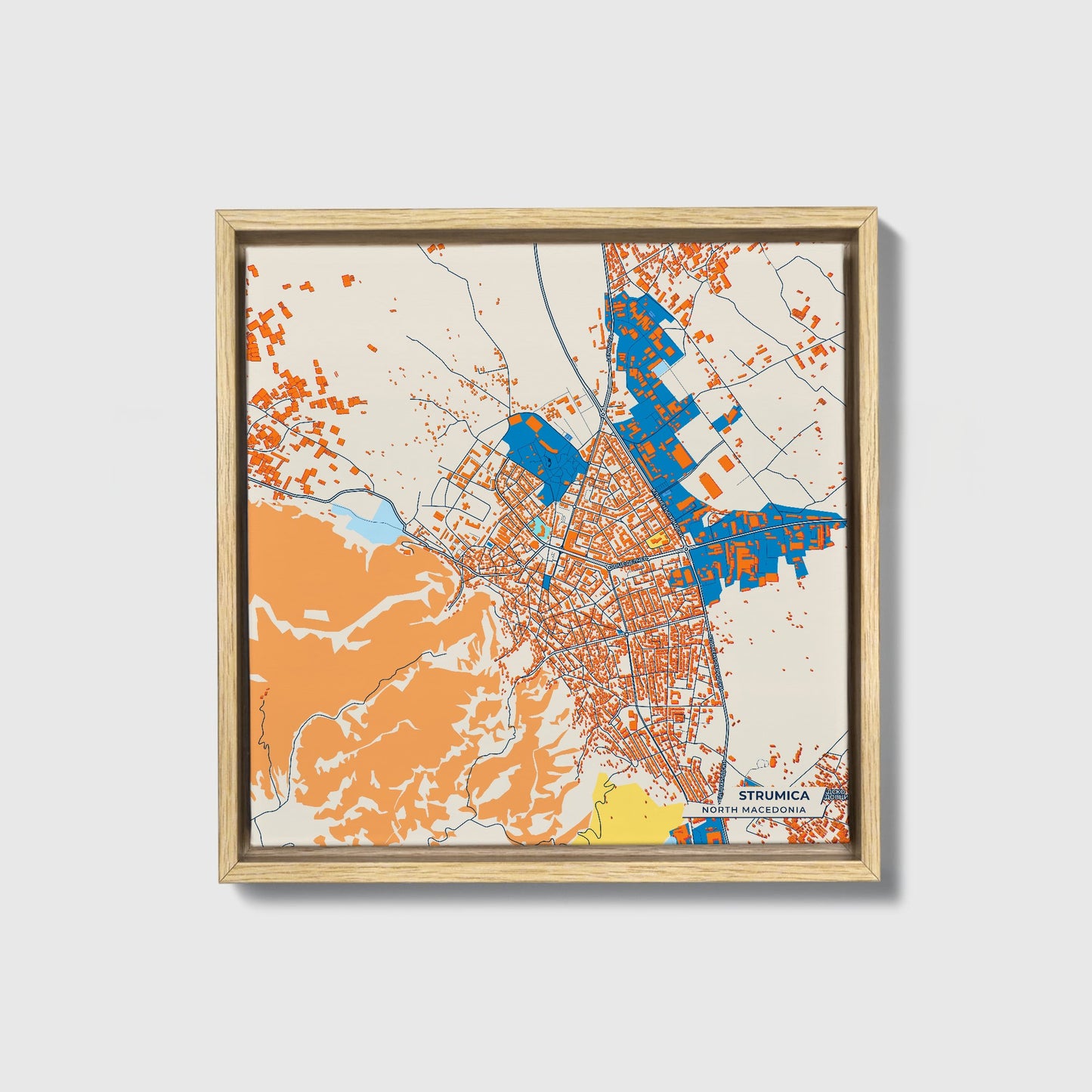 Strumica North Macedonia Colorful City Map Canvas Print • Natural Wooden Framed