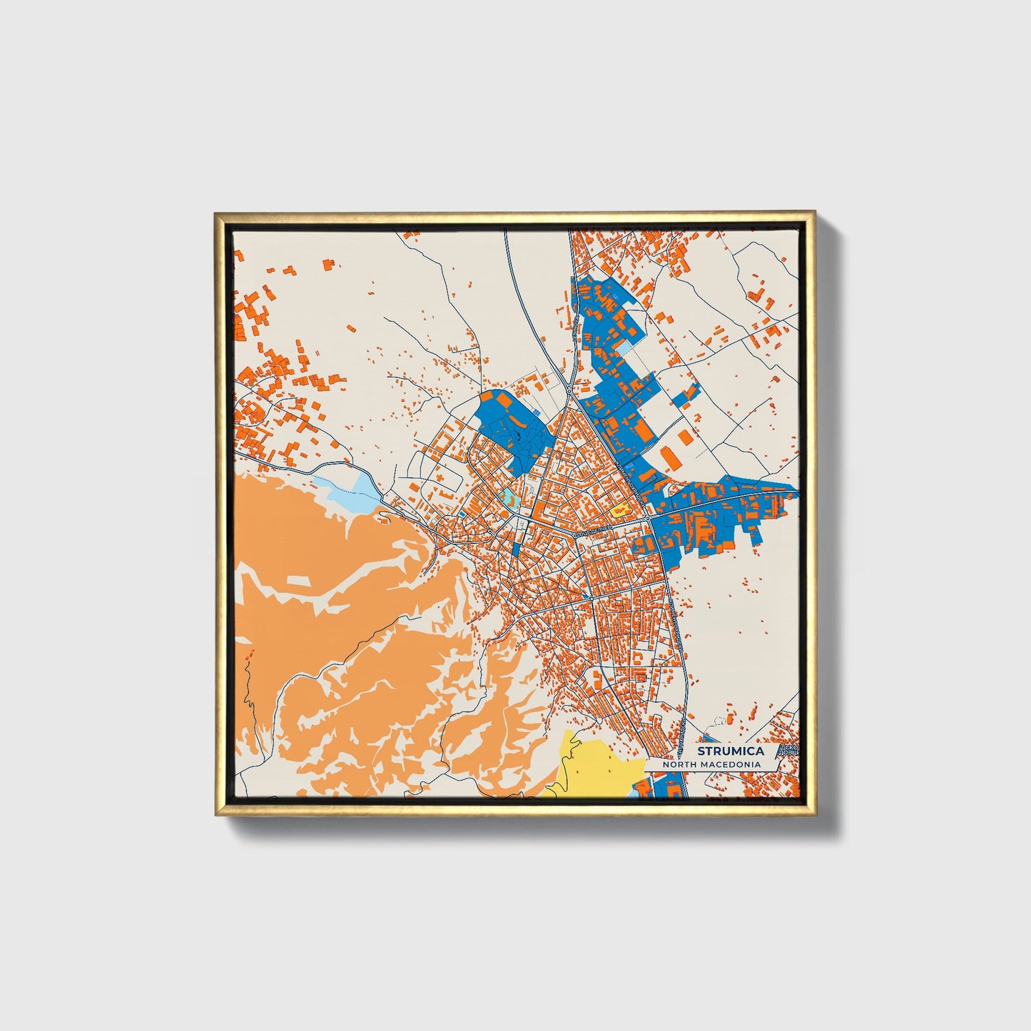 Strumica North Macedonia Colorful City Map Canvas Print • Gold Framed