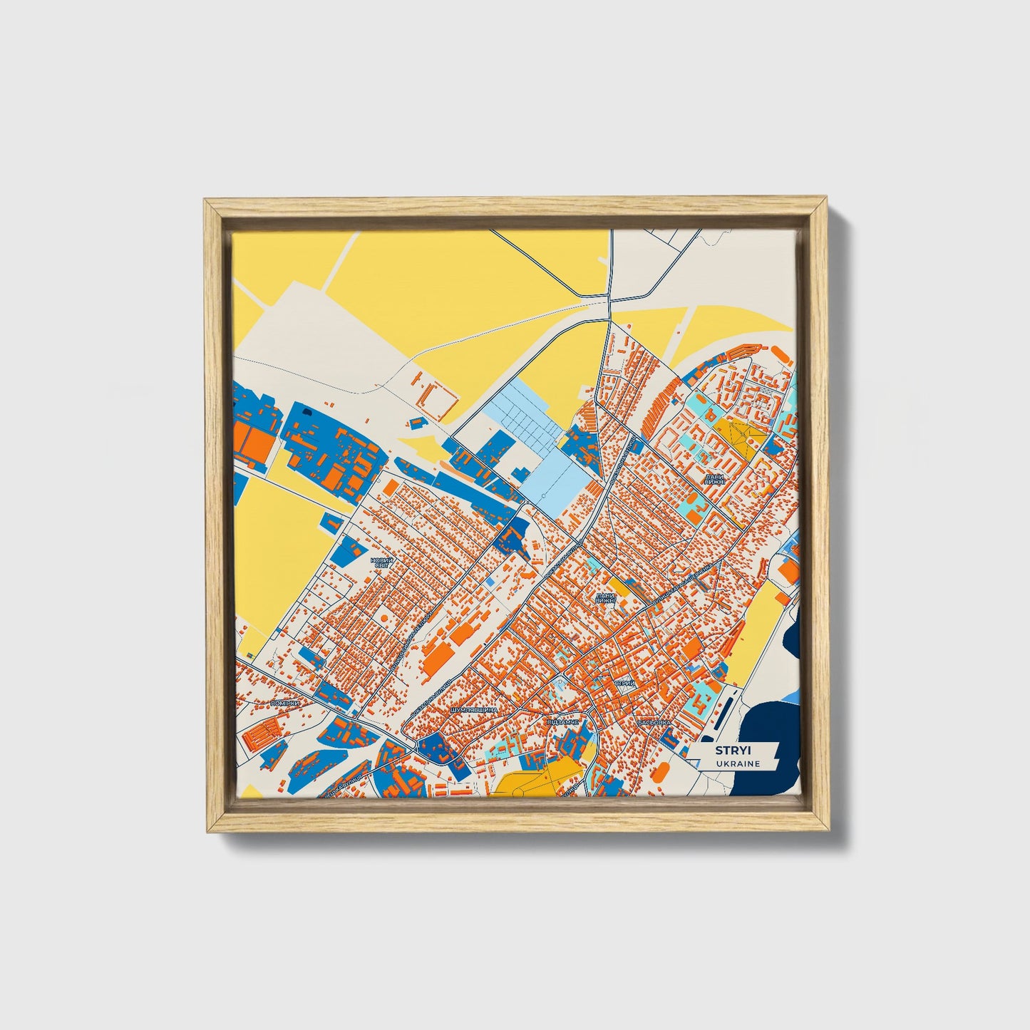 Стрий Ukraine Colorful City Map Canvas Print • Natural Wooden Framed
