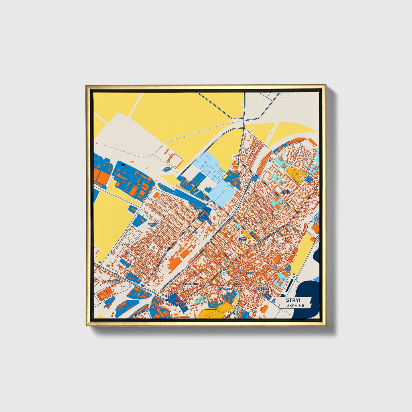 Стрий Ukraine Colorful City Map Canvas Print • Gold Framed