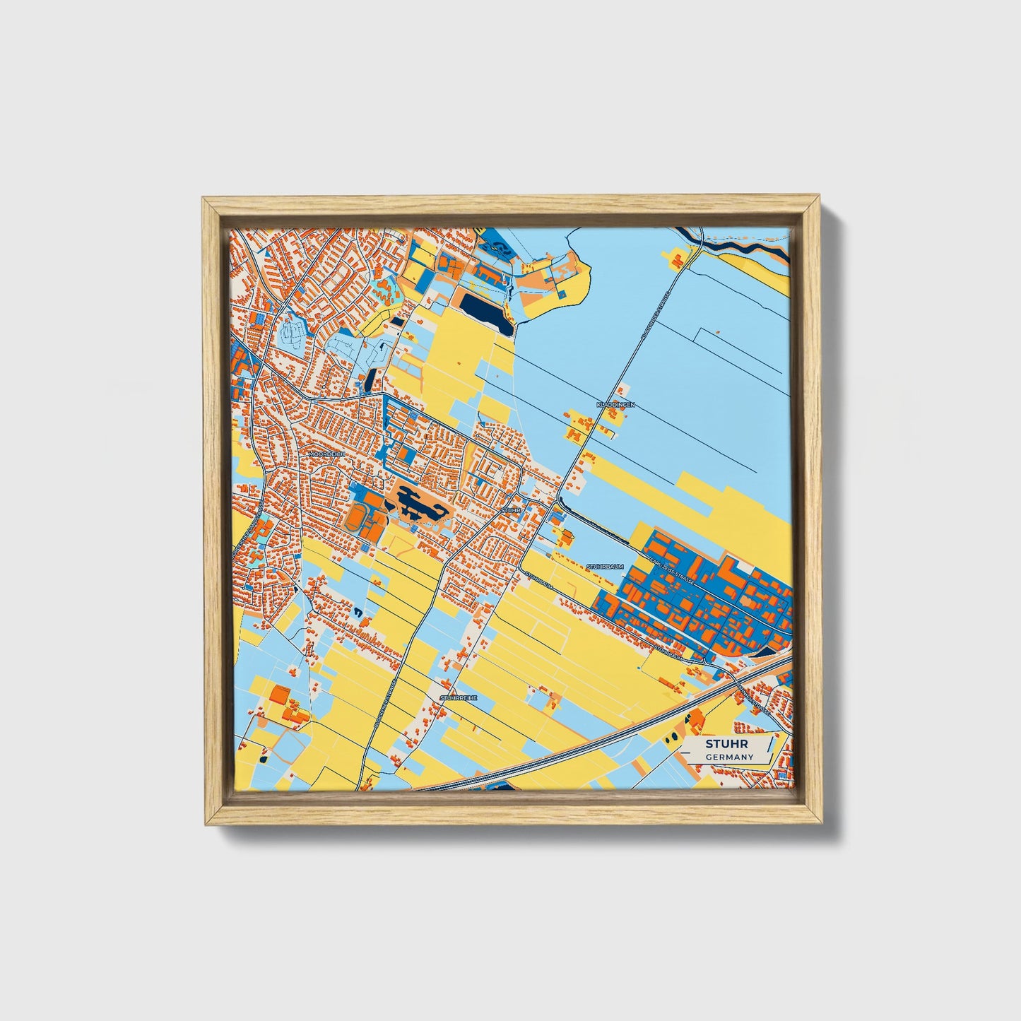 Stuhr Germany Colorful City Map Canvas Print • Natural Wooden Framed
