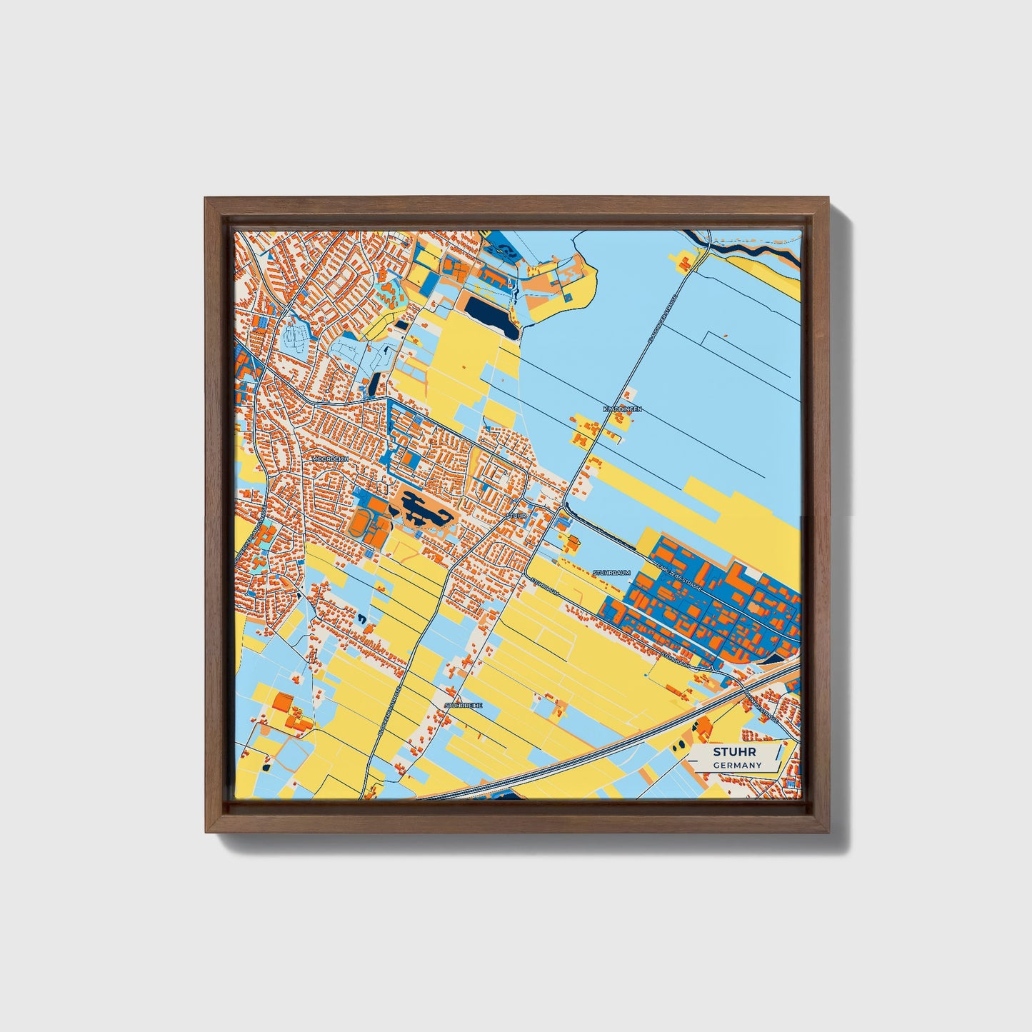 Stuhr Germany Colorful City Map Canvas Print • Dark Wooden Framed