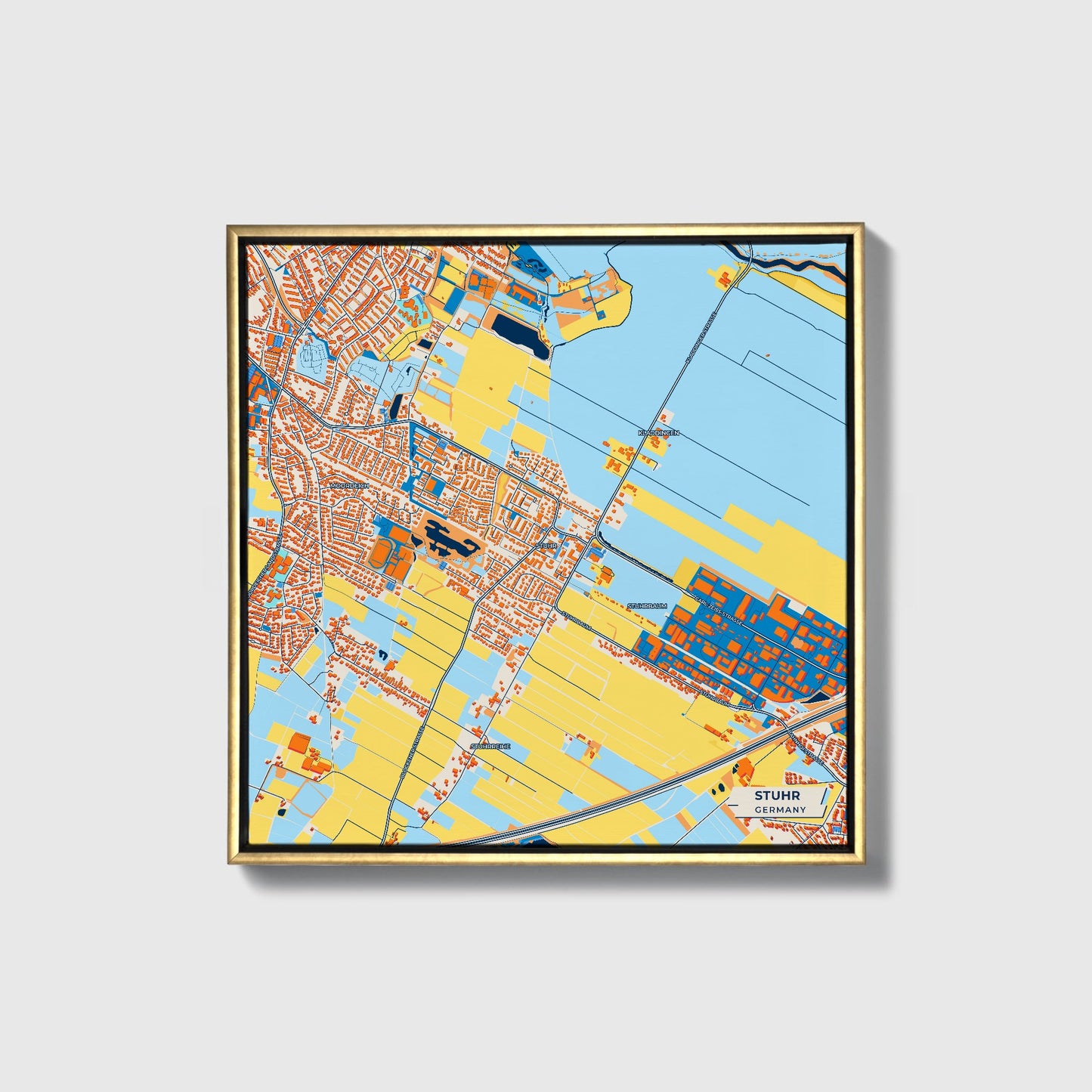 Stuhr Germany Colorful City Map Canvas Print • Gold Framed