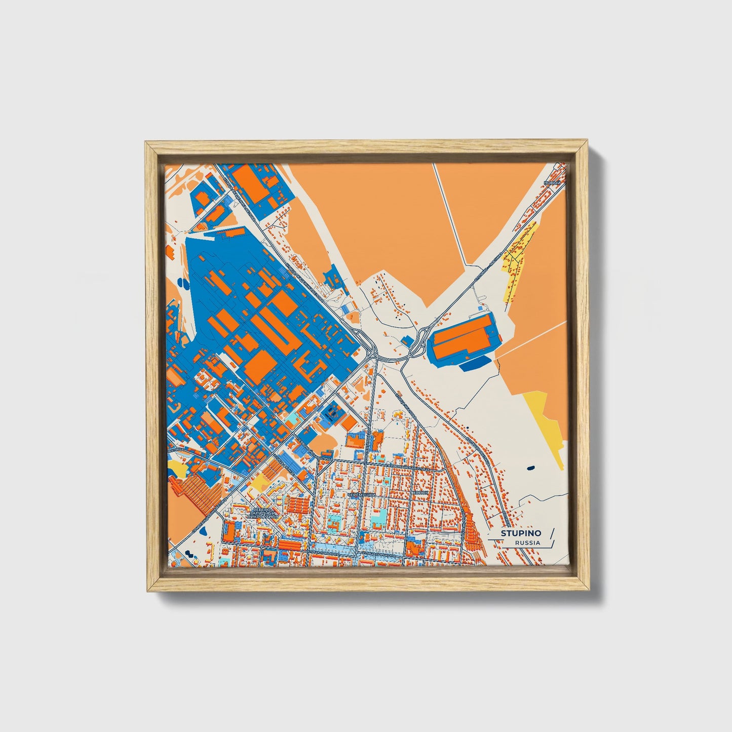 Ступино Russia Colorful City Map Canvas Print • Natural Wooden Framed