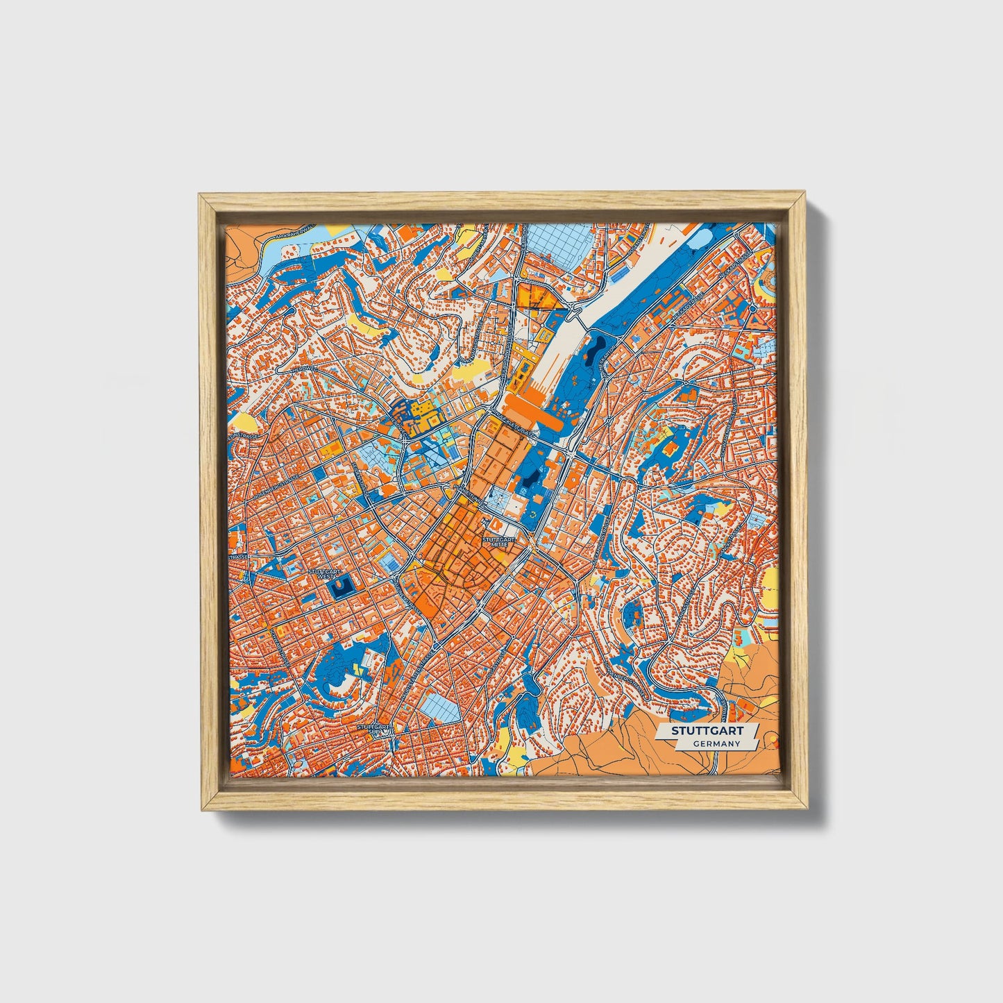 Stuttgart Germany Colorful City Map Canvas Print • Natural Wooden Framed