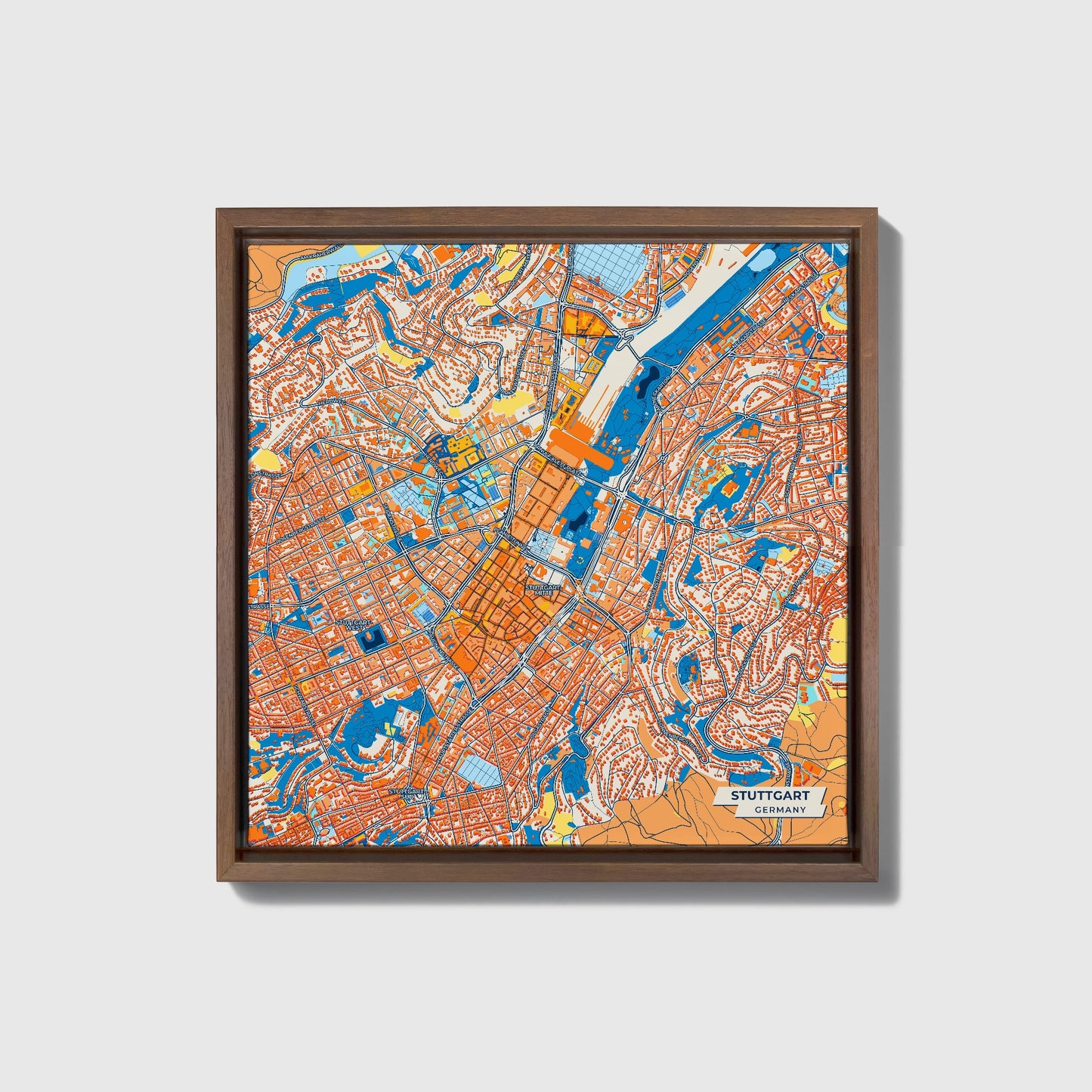Stuttgart Germany Colorful City Map Canvas Print • Dark Wooden Framed
