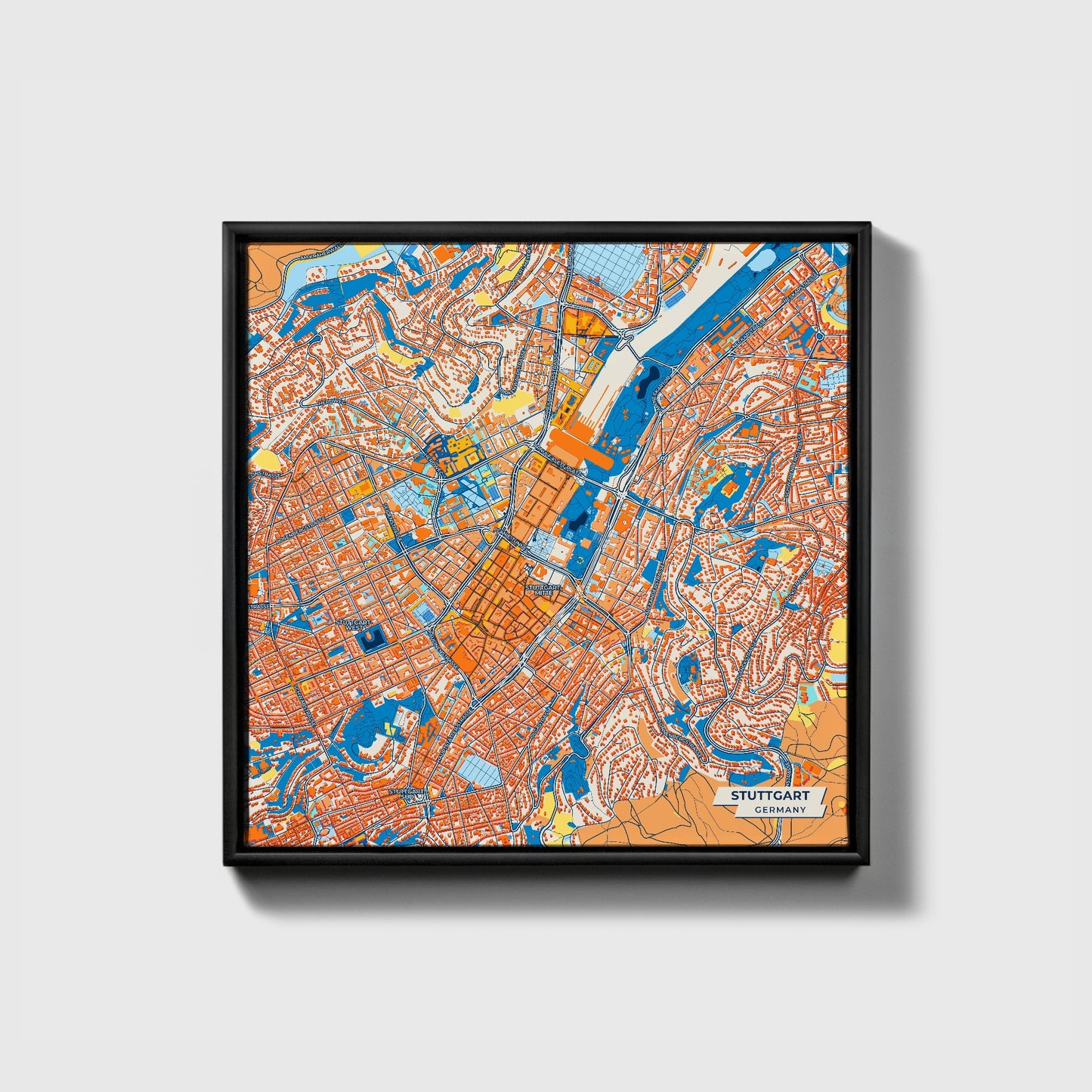 Stuttgart Germany Colorful City Map Canvas Print • Black Framed