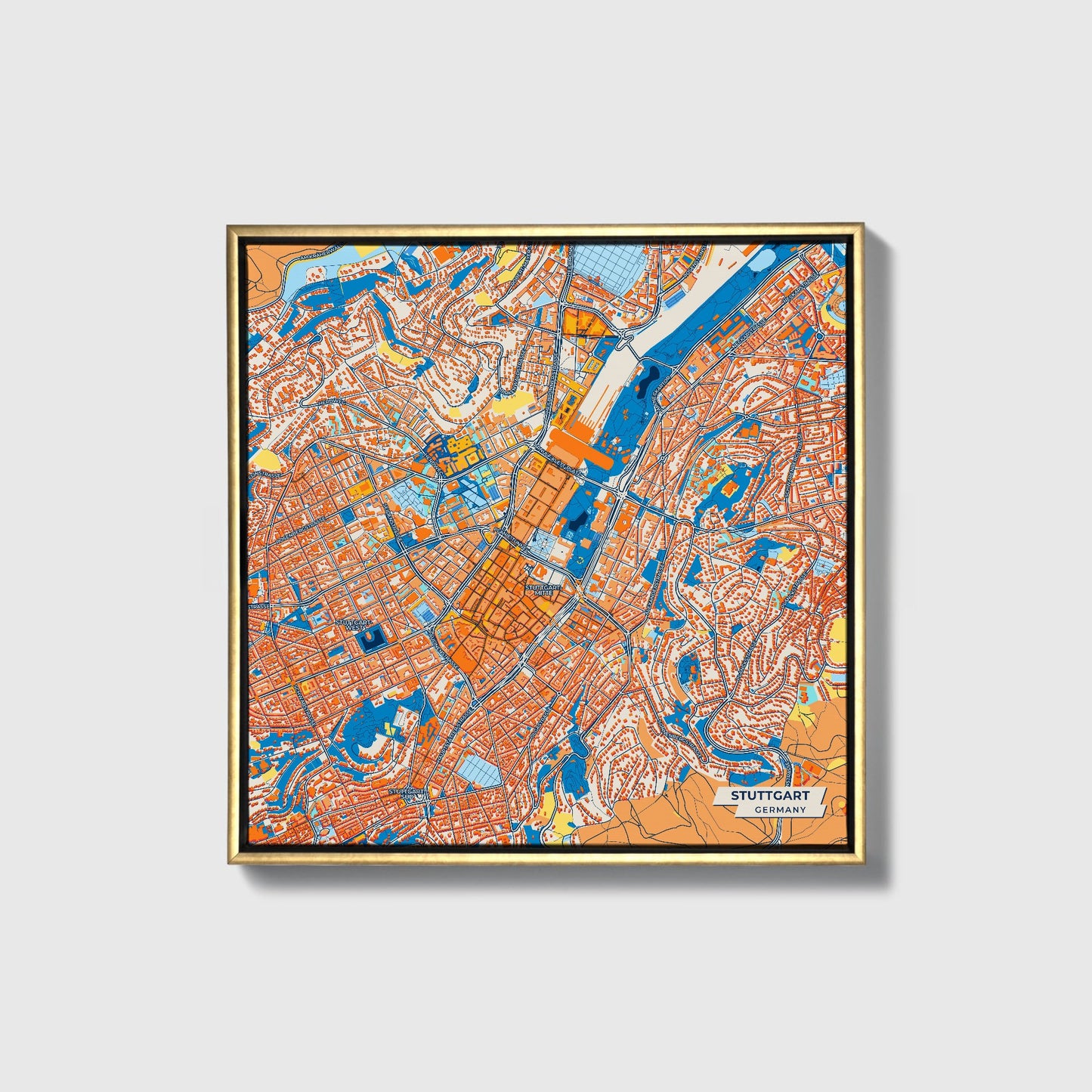 Stuttgart Germany Colorful City Map Canvas Print • Gold Framed