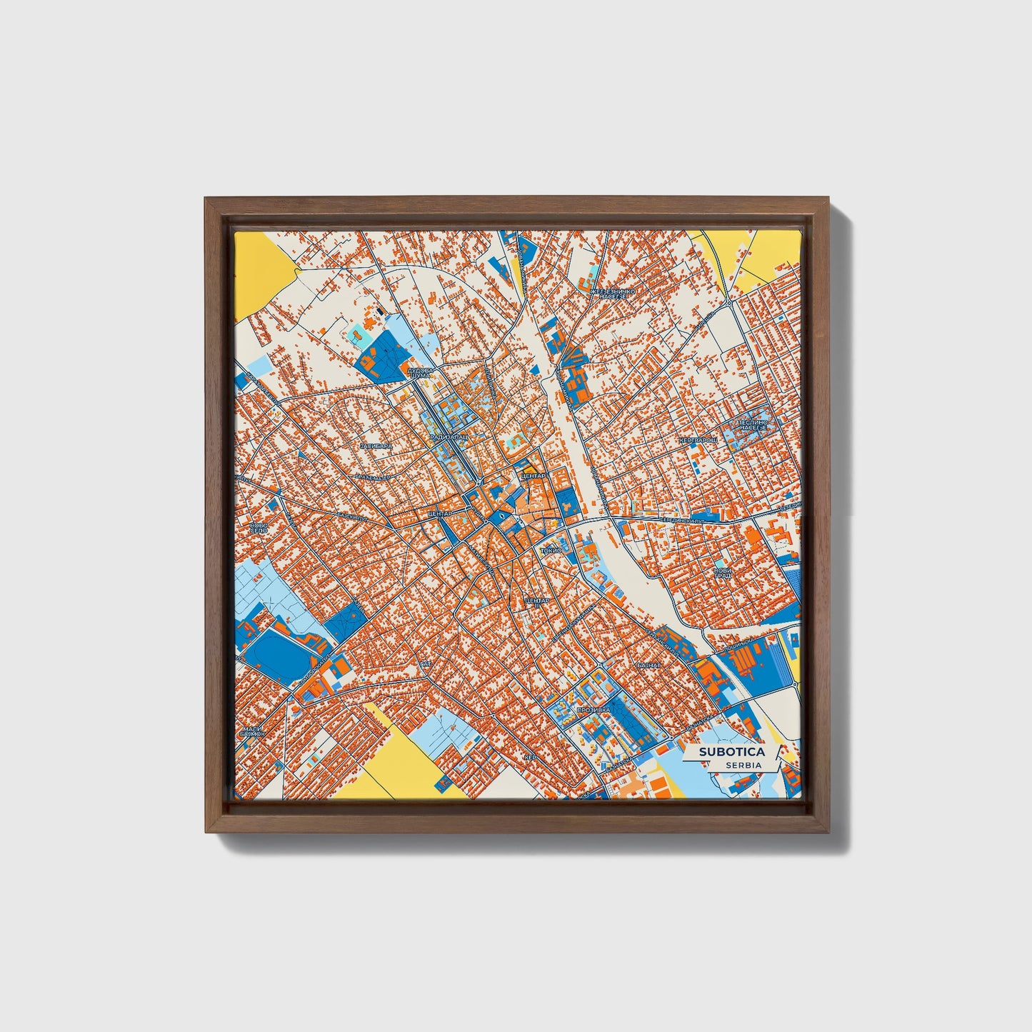 Суботица Serbia Colorful City Map Canvas Print • Dark Wooden Framed