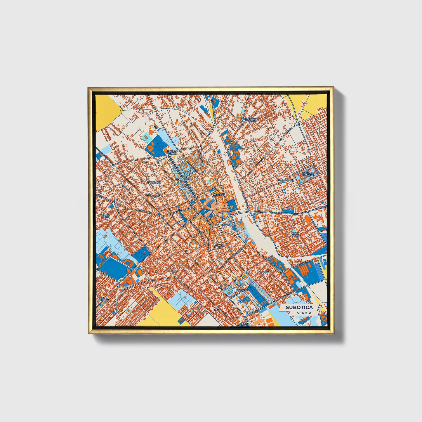 Суботица Serbia Colorful City Map Canvas Print • Gold Framed