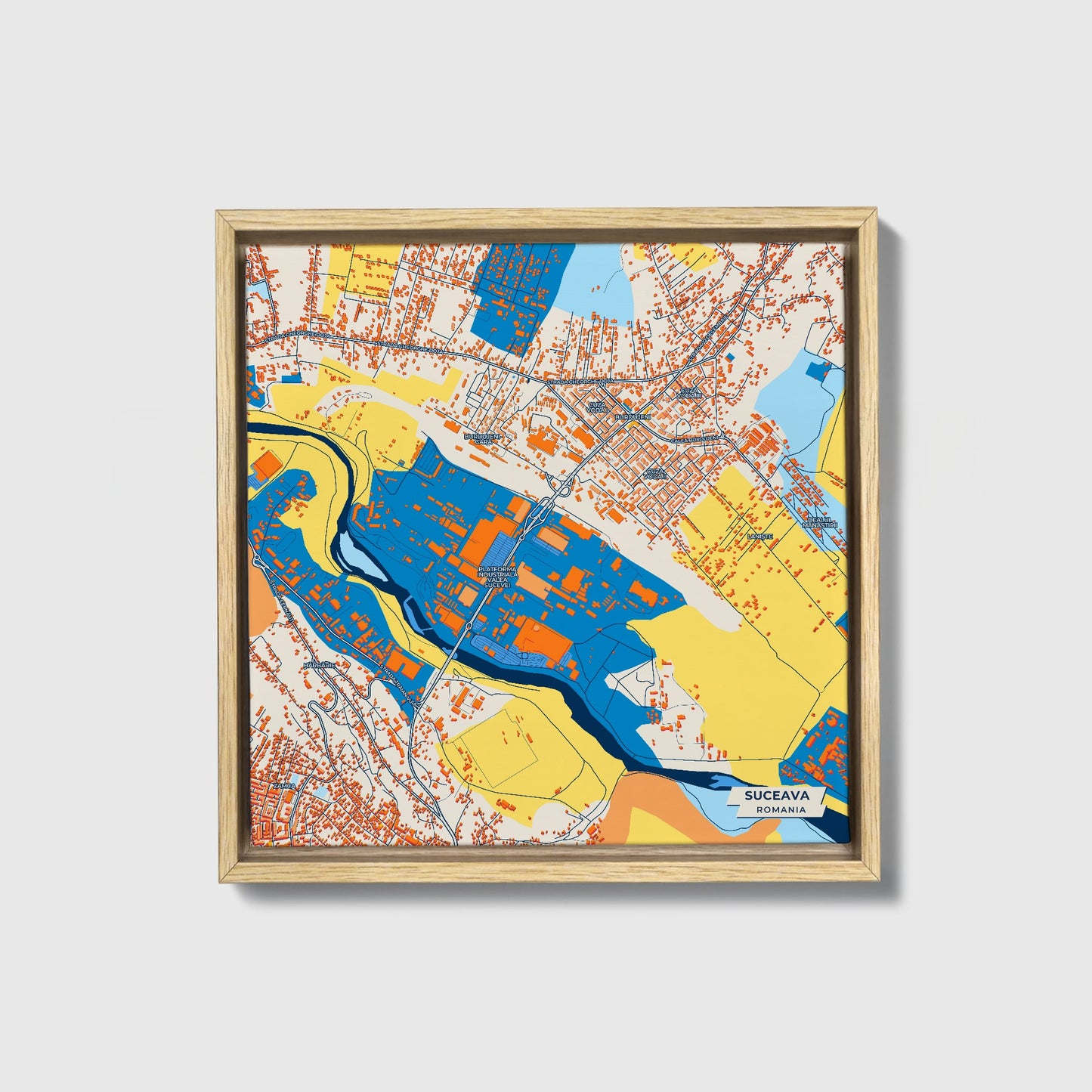 Suceava Romania Colorful City Map Canvas Print • Natural Wooden Framed
