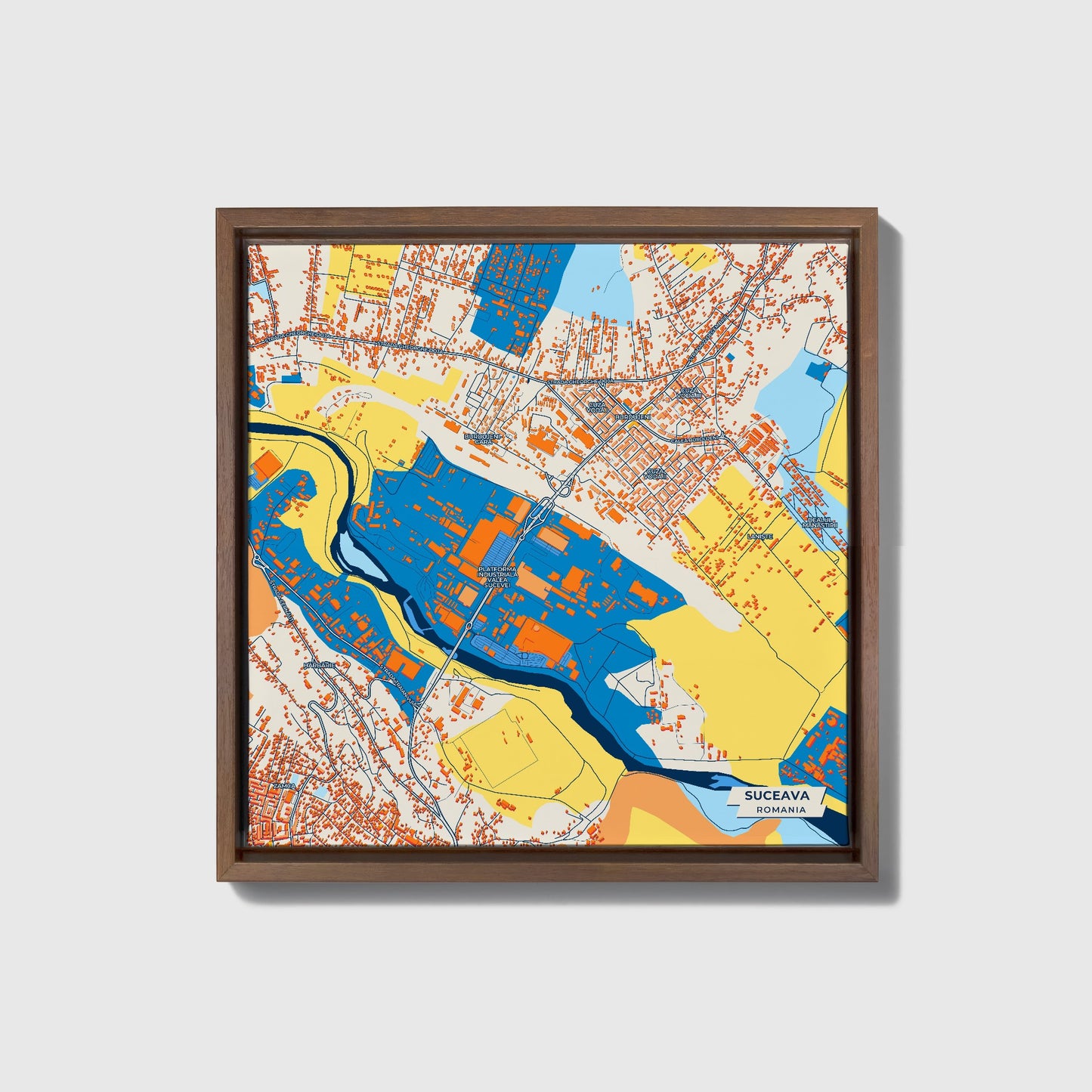 Suceava Romania Colorful City Map Canvas Print • Dark Wooden Framed