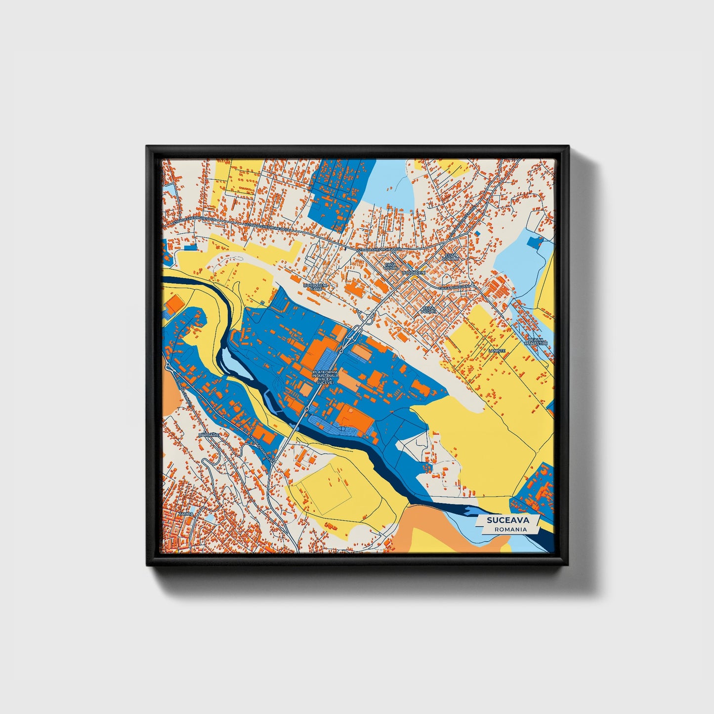 Suceava Romania Colorful City Map Canvas Print • Black Framed