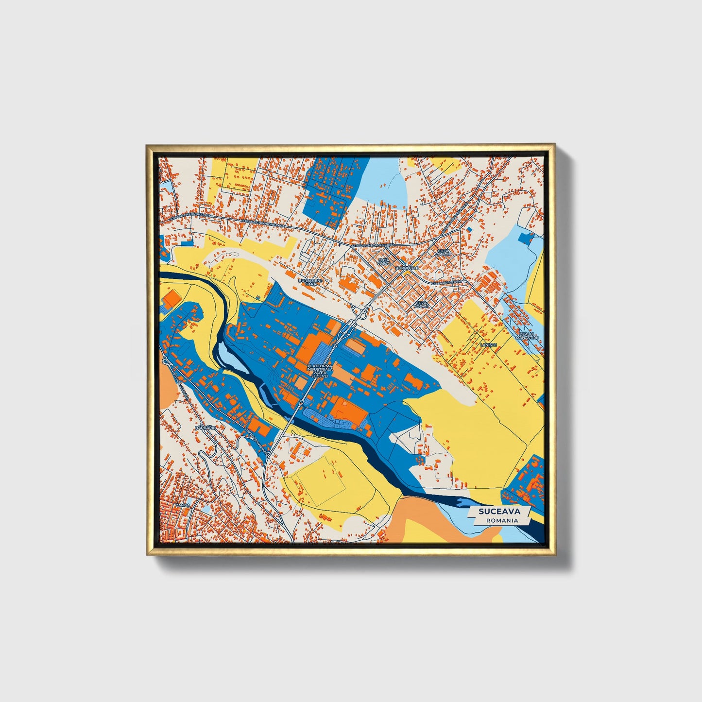 Suceava Romania Colorful City Map Canvas Print • Gold Framed