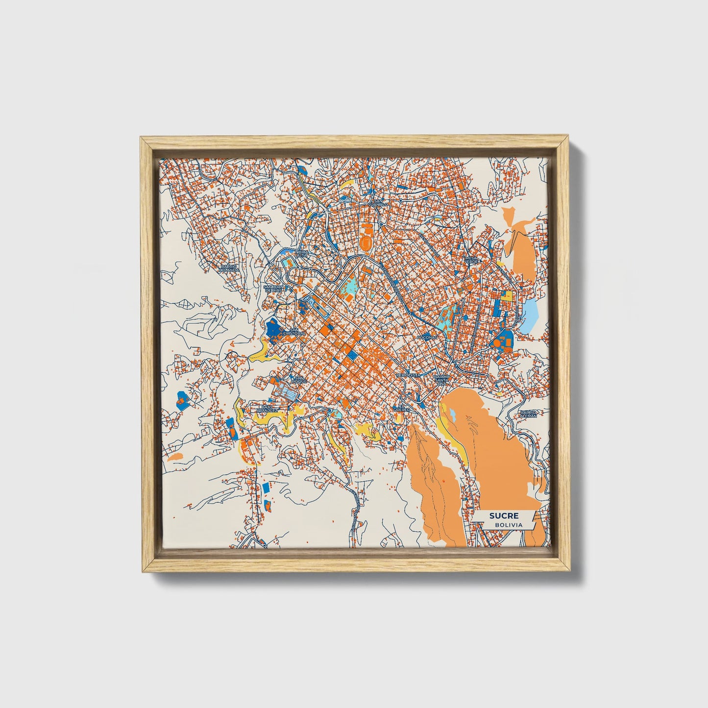 Sucre Bolivia Colorful City Map Canvas Print • Natural Wooden Framed